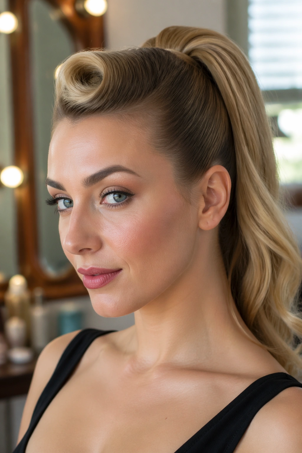 Close-up of a real woman with a small victory roll and a sleek ponytail