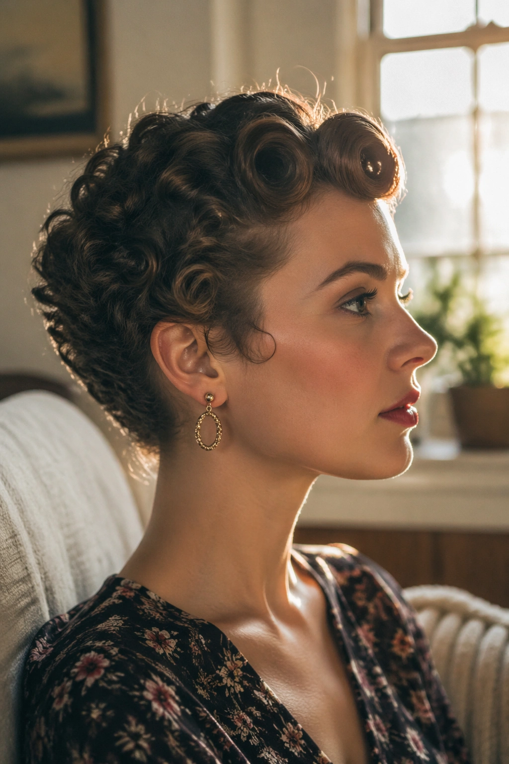 Side profile of a curly pixie with victory rolls.