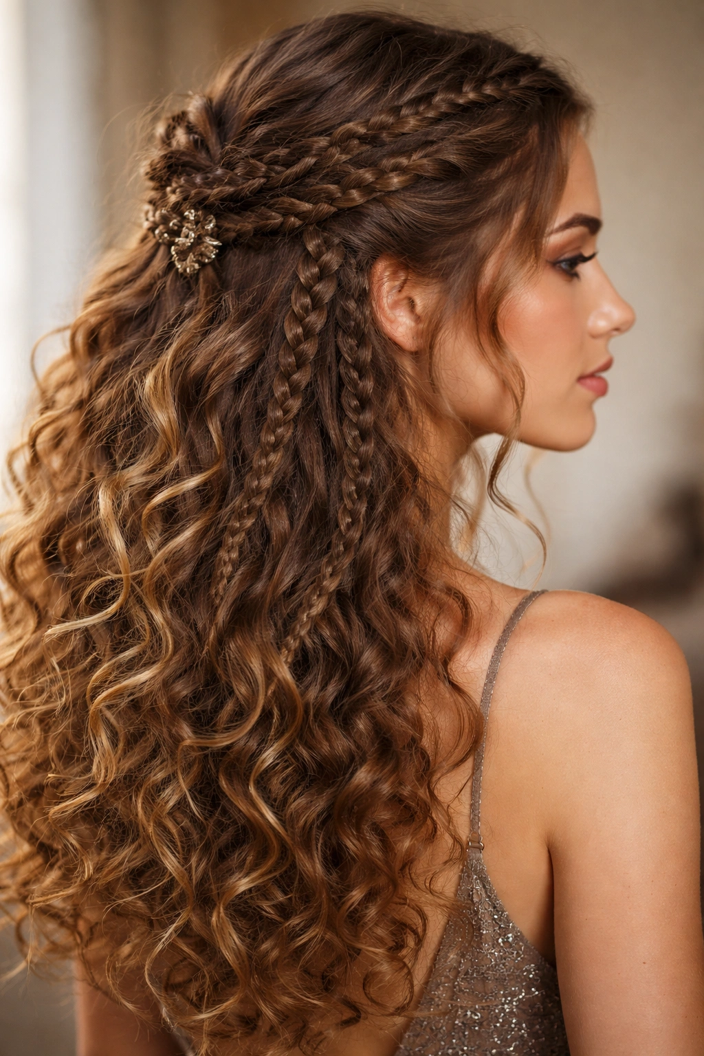 Multiple small Dutch braids on either side gathered at back into a central point