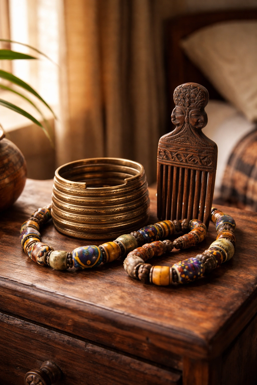 Still-life arrangement of brass bracelet, wooden comb, and trade beads on a tray