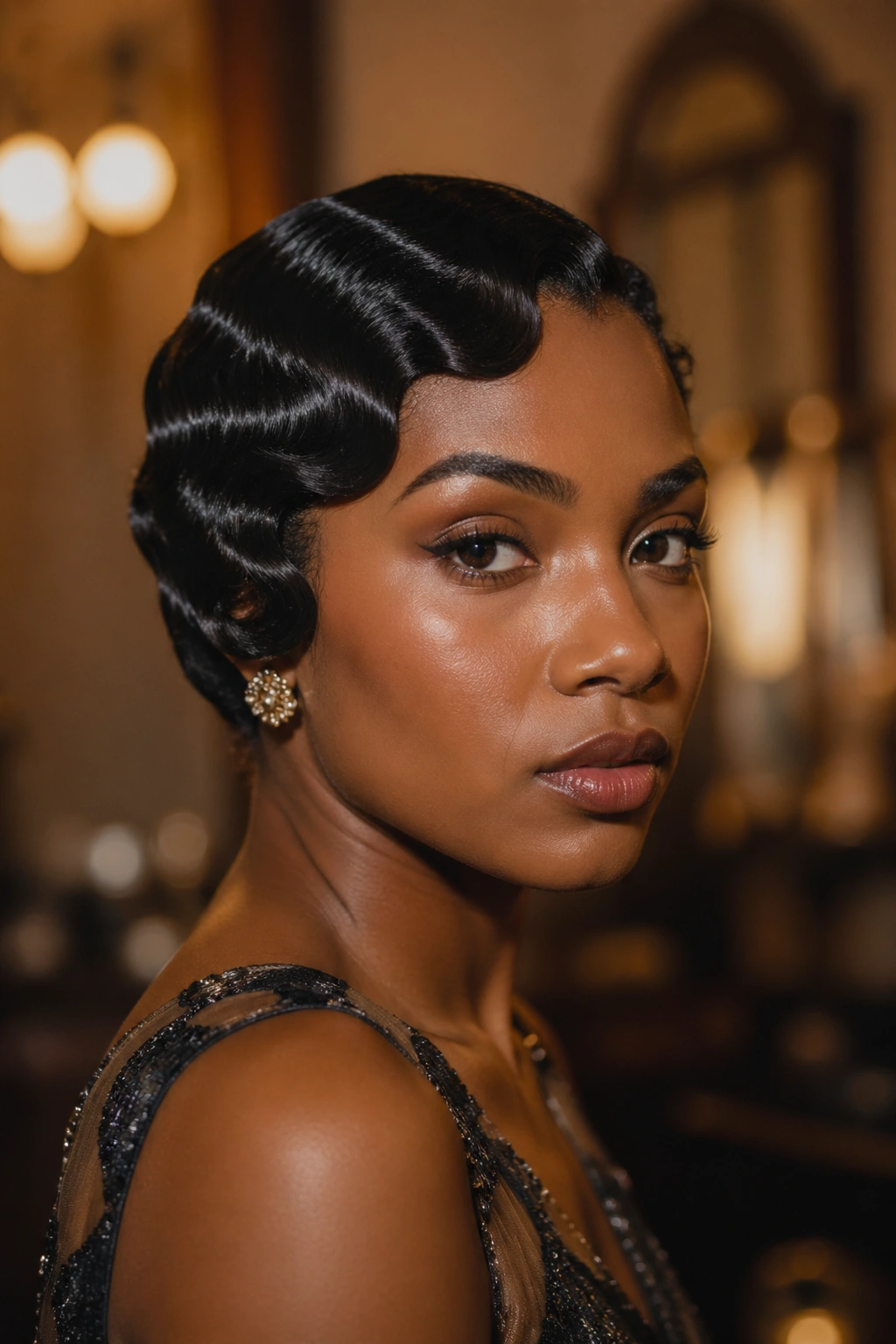 Close-up portrait of a real woman with vintage finger waves on silk-pressed hair