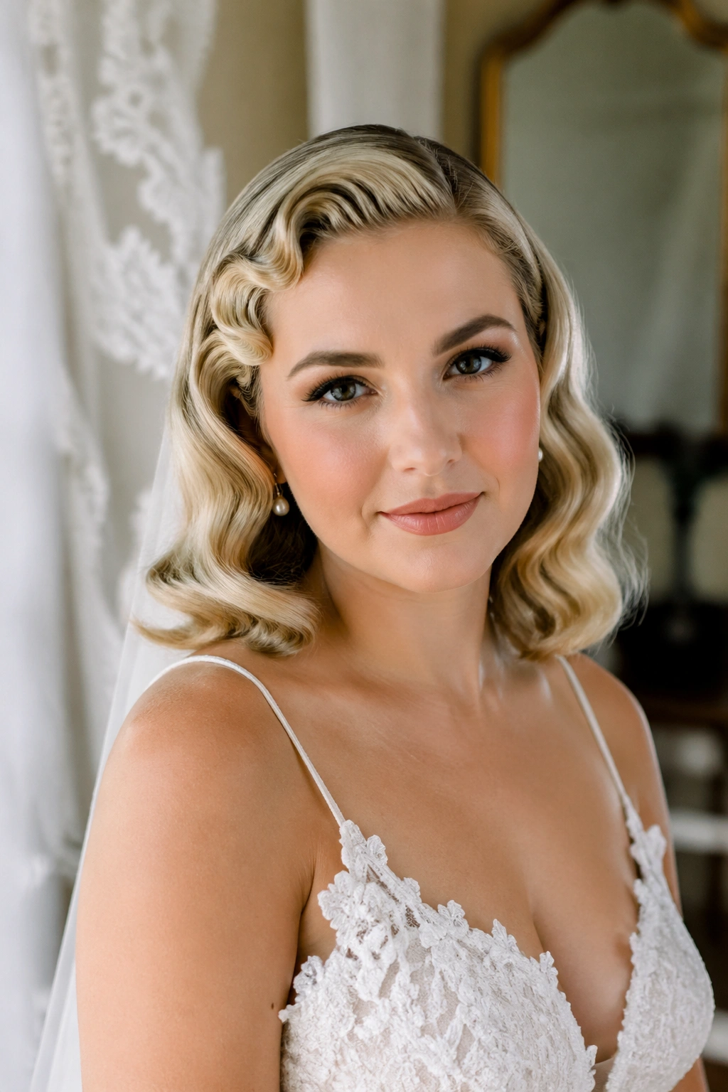 Bride with vintage pin curls blended into soft waves