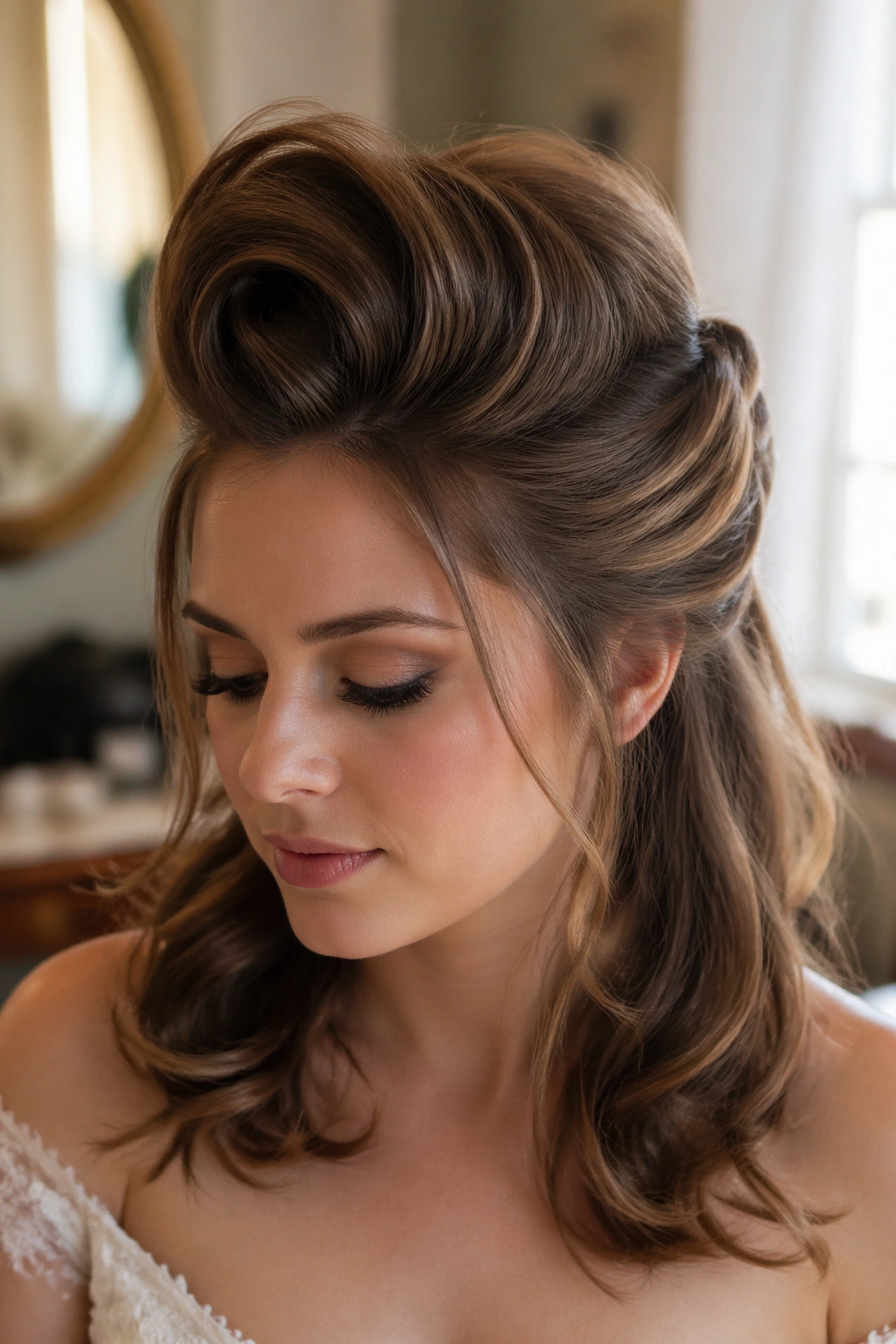 Close-up of a real bride with vintage roll curved ends hairstyle