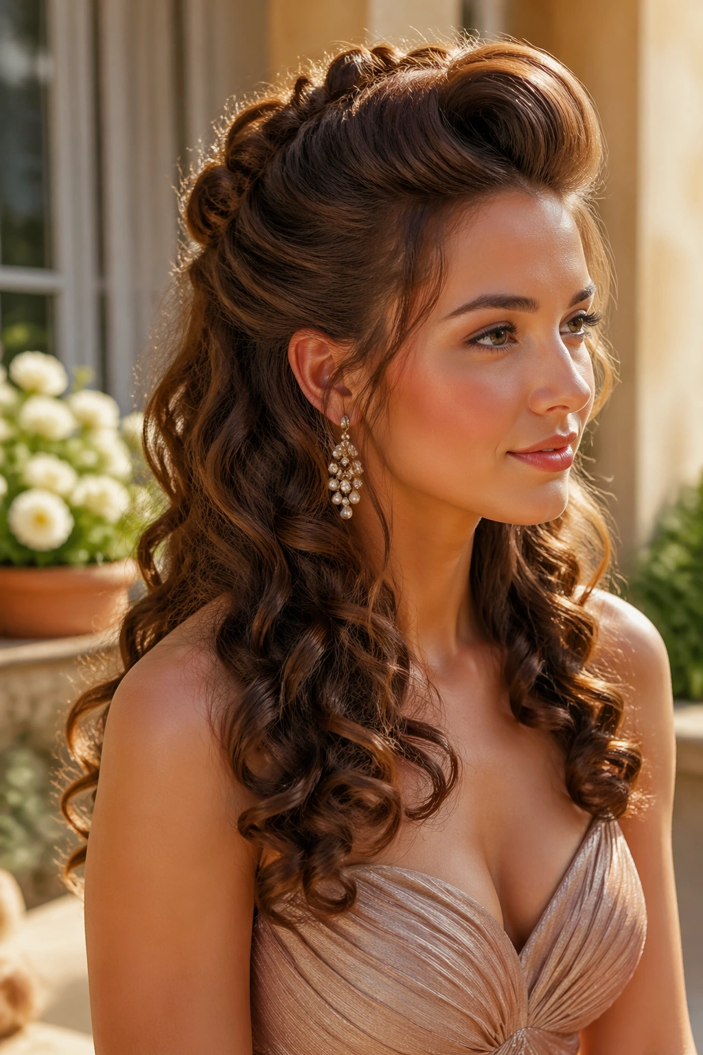 Hero shot of vintage roll half-up with soft curls in natural light.
