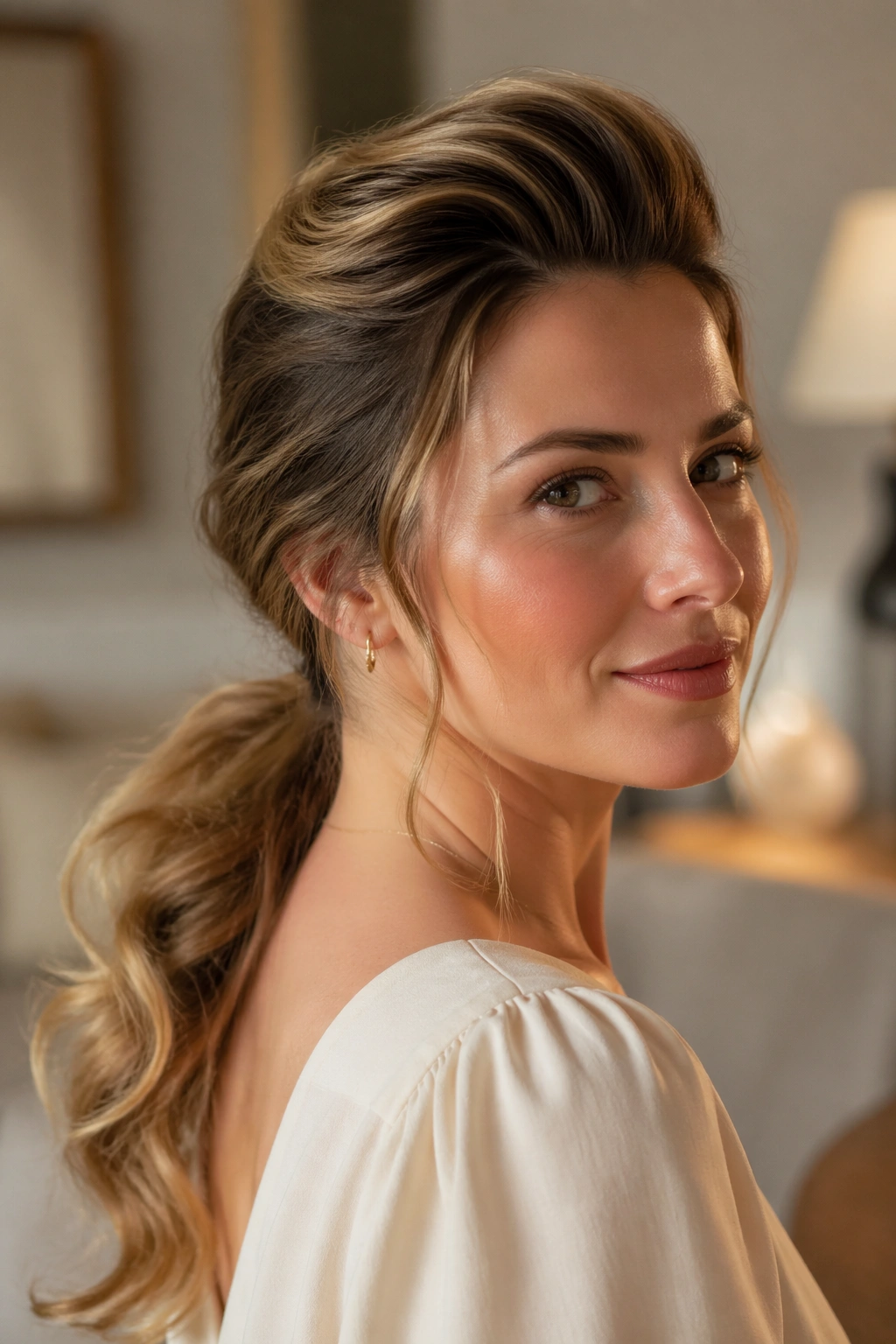 Close-up of a real woman with crown-roll vintage low ponytail in warm natural light