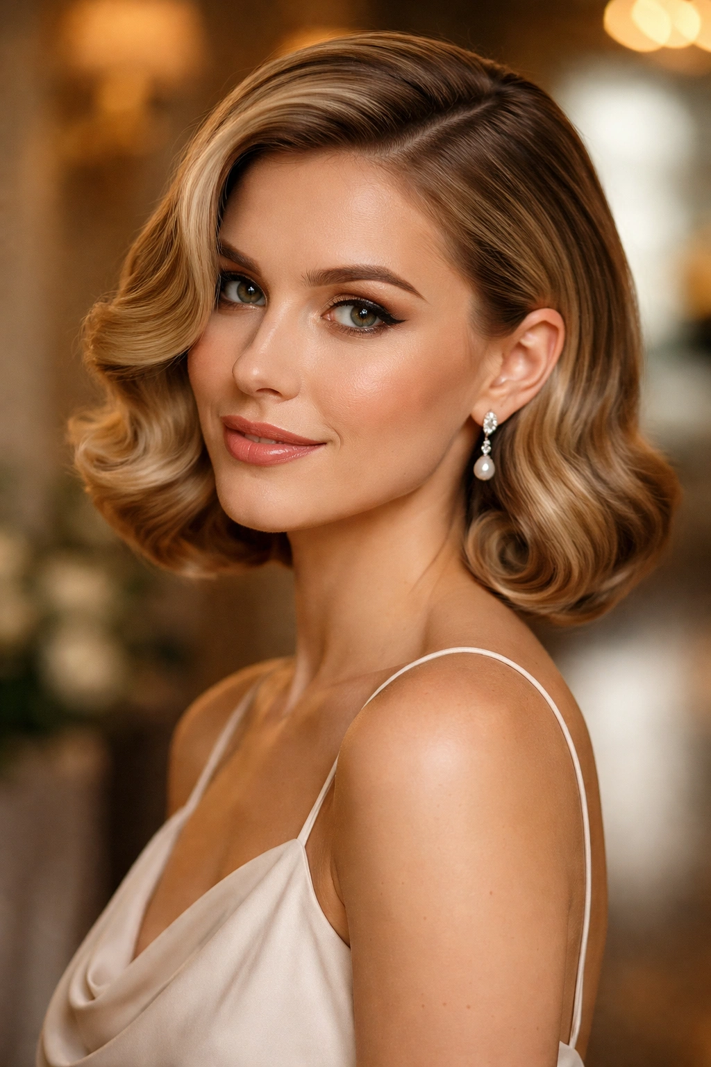 Close-up portrait of a real woman with vintage wave bob and deep side part