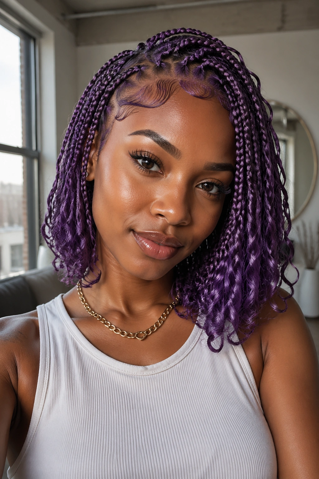 Close-up of a real person with violet boho box braids in a tapered bob framing the face