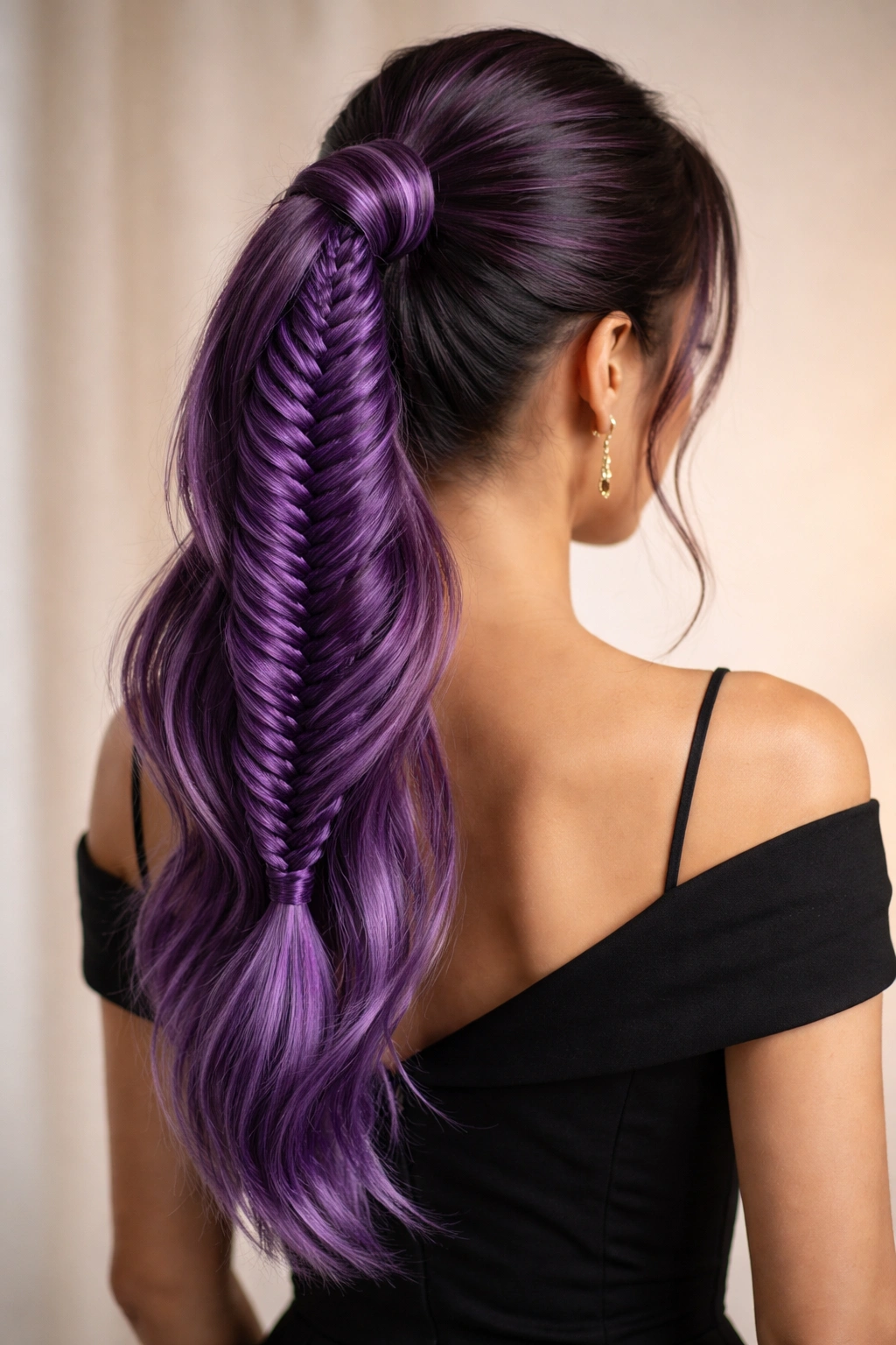 Violet fishtail braided ponytail with wrapped base