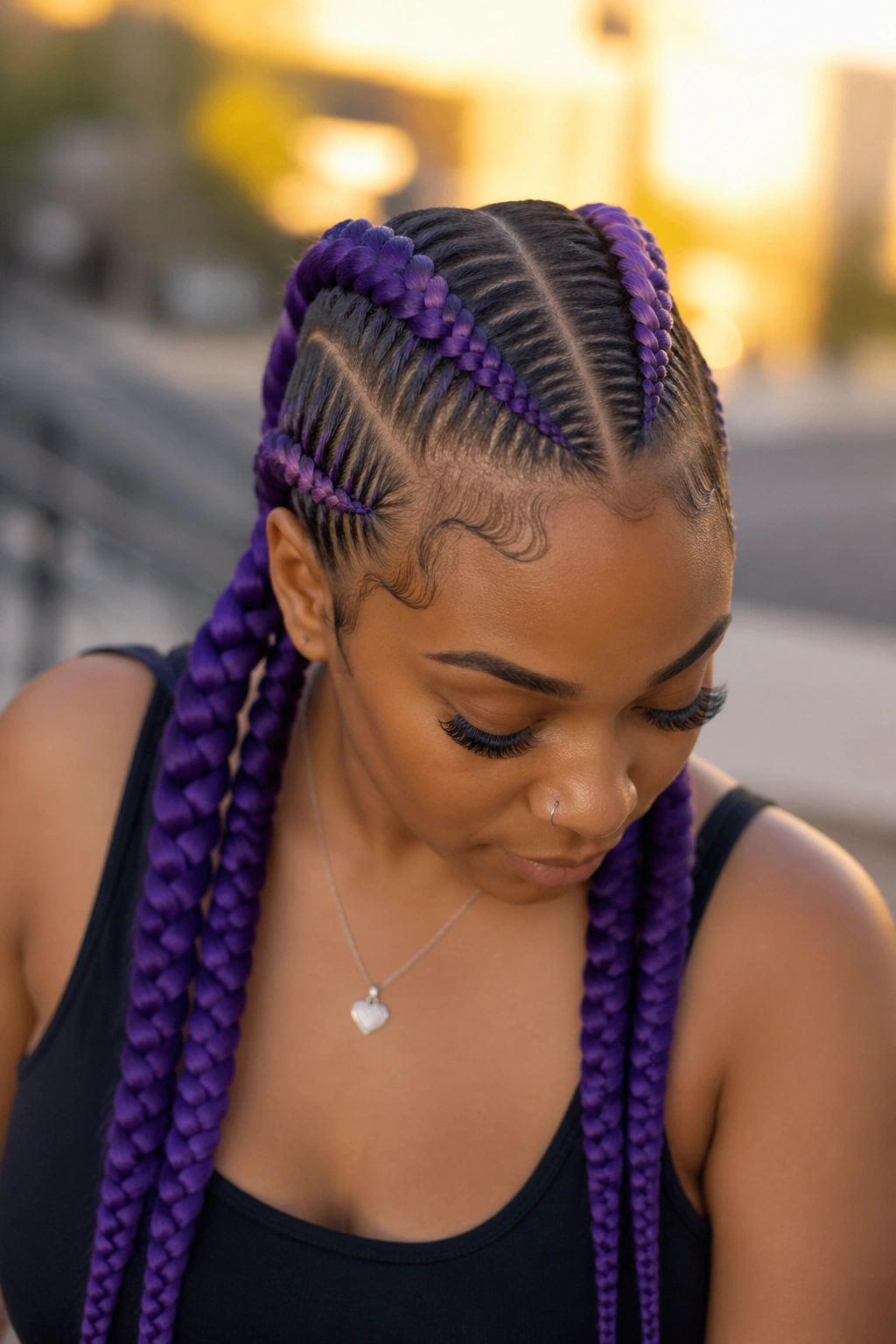 Portrait of a woman with two violet French cornrows along a center part.