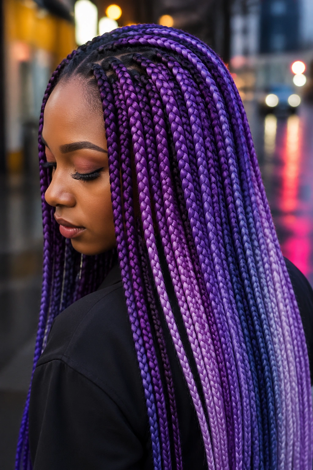 Real woman with multitone violet galaxy braids on city street at dusk