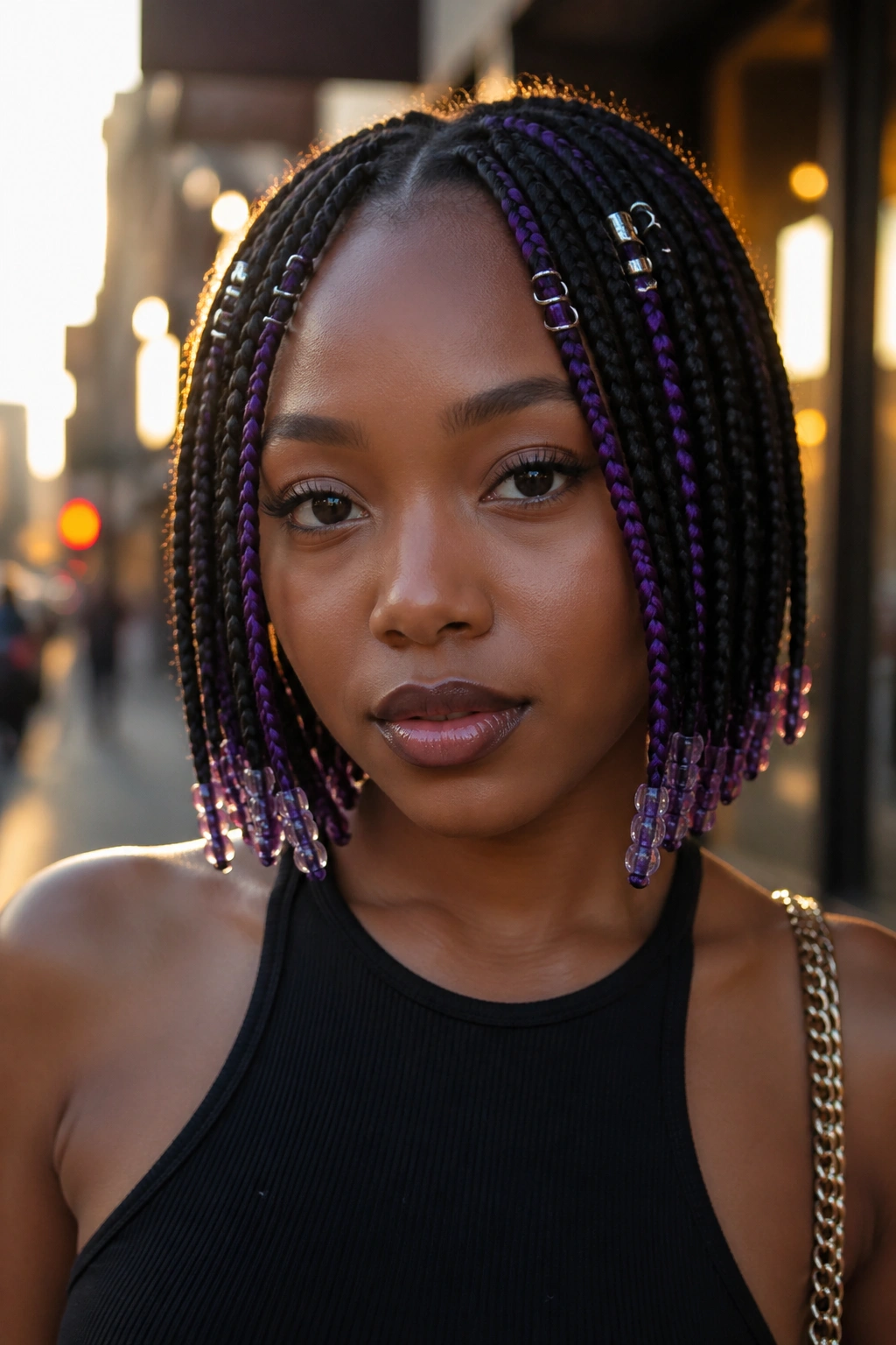 Close-up of violet peekaboo panels with silver rings and glass beads on braids