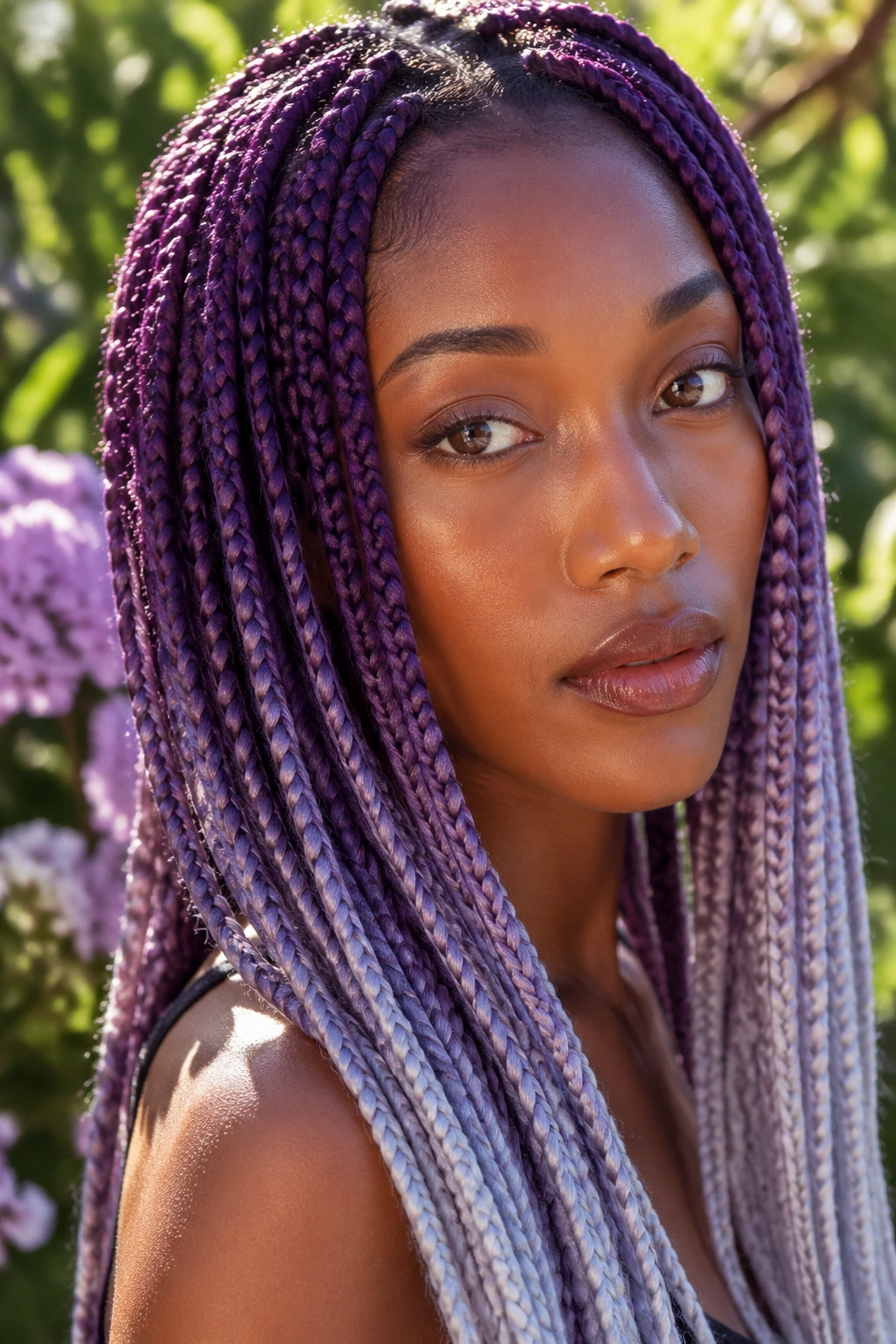 Close-up of violet-to-silver box braids on a real person in a garden