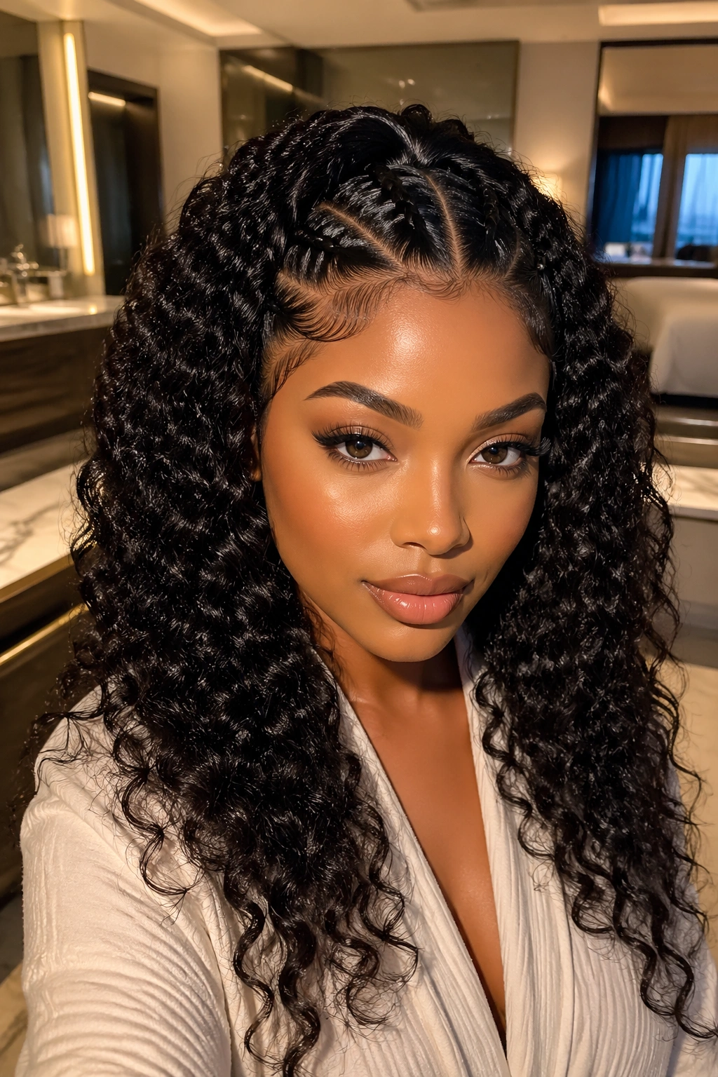Close-up of real woman with four-part vixen sew-in hairstyle in hotel vanity lighting