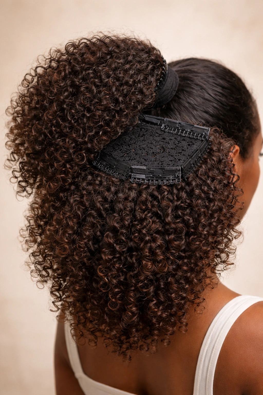 Two clip-in ponytails layered to create added volume