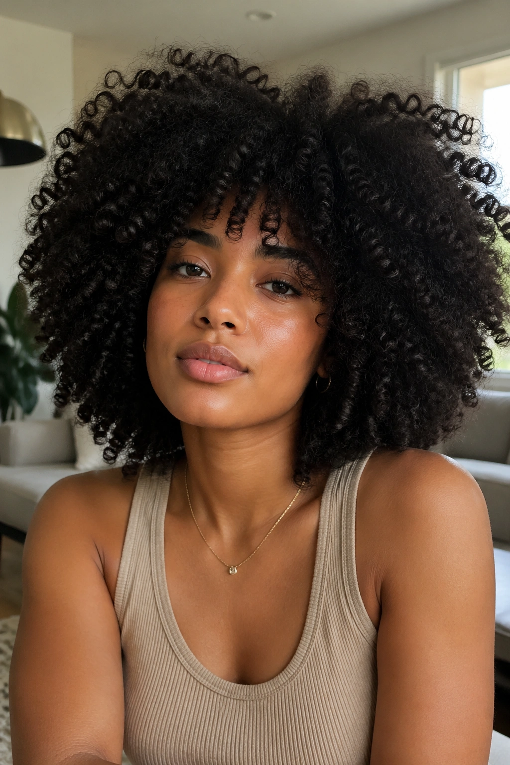Close-up portrait of a real person with volume-forward medium curly cut.