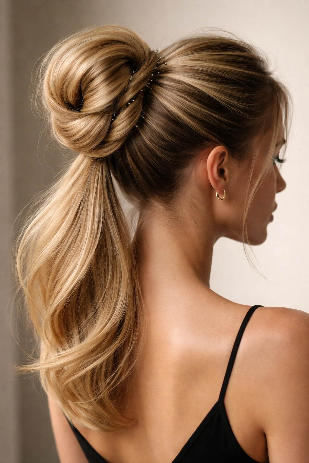 Side view of a high-volume sculptural knot with crown lift.