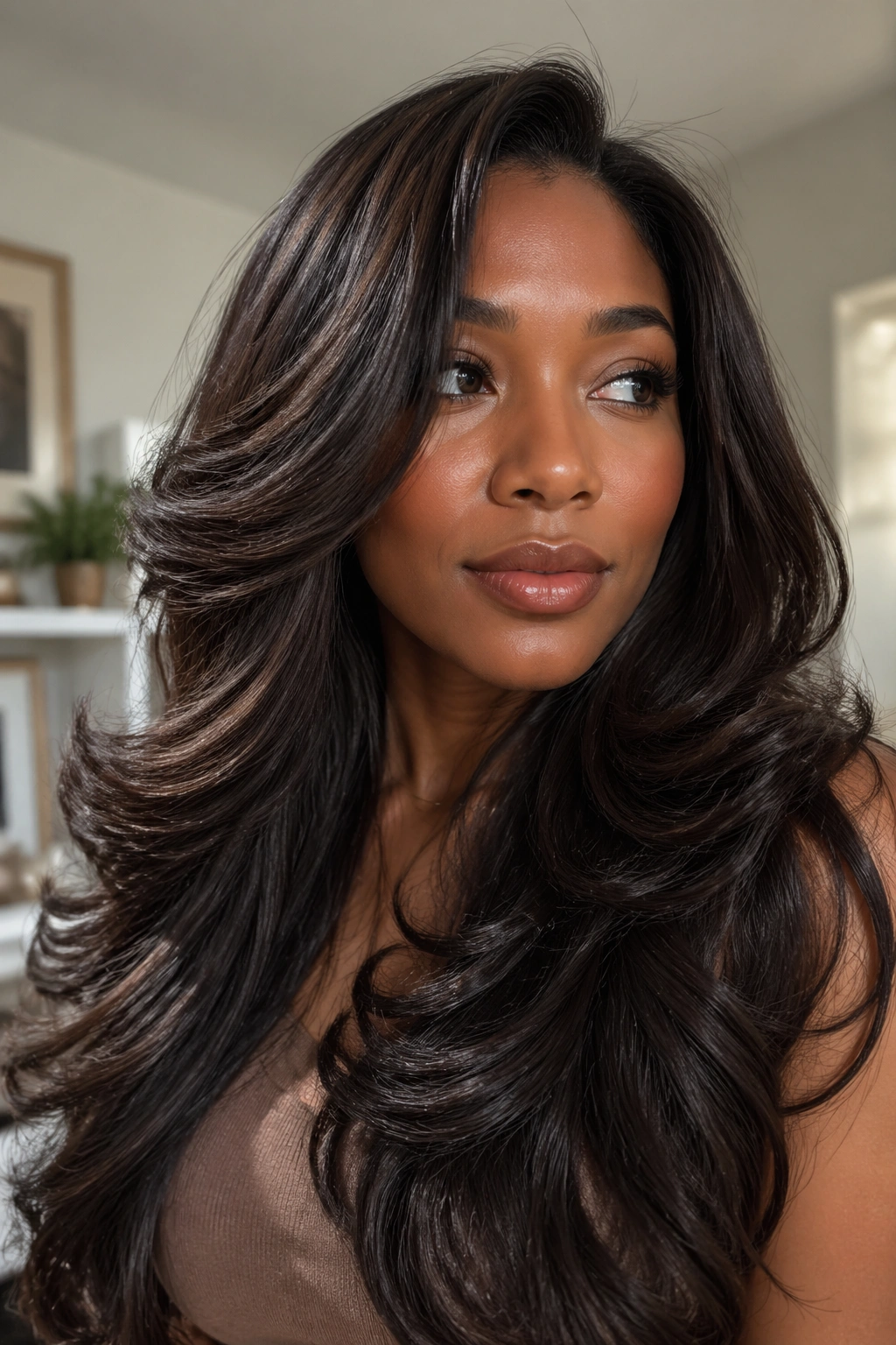 Long silk-pressed hair with voluminous body curls in motion.