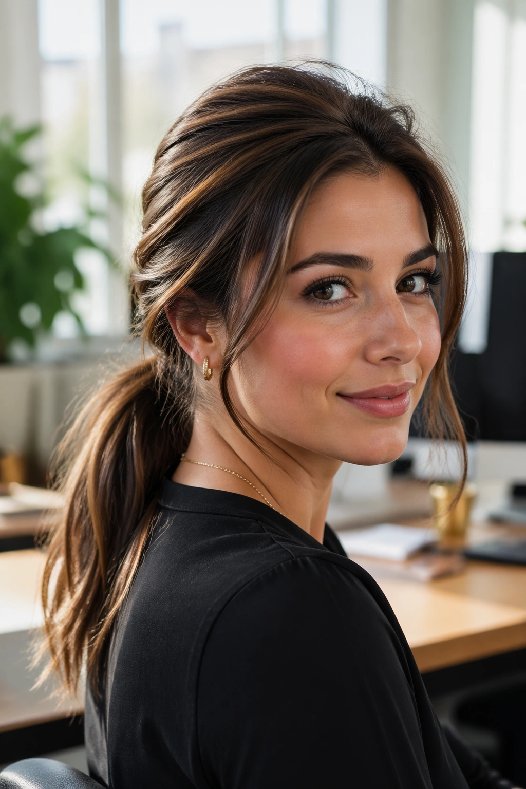 Close-up of a real woman with a softly lifted crown and low ponytail