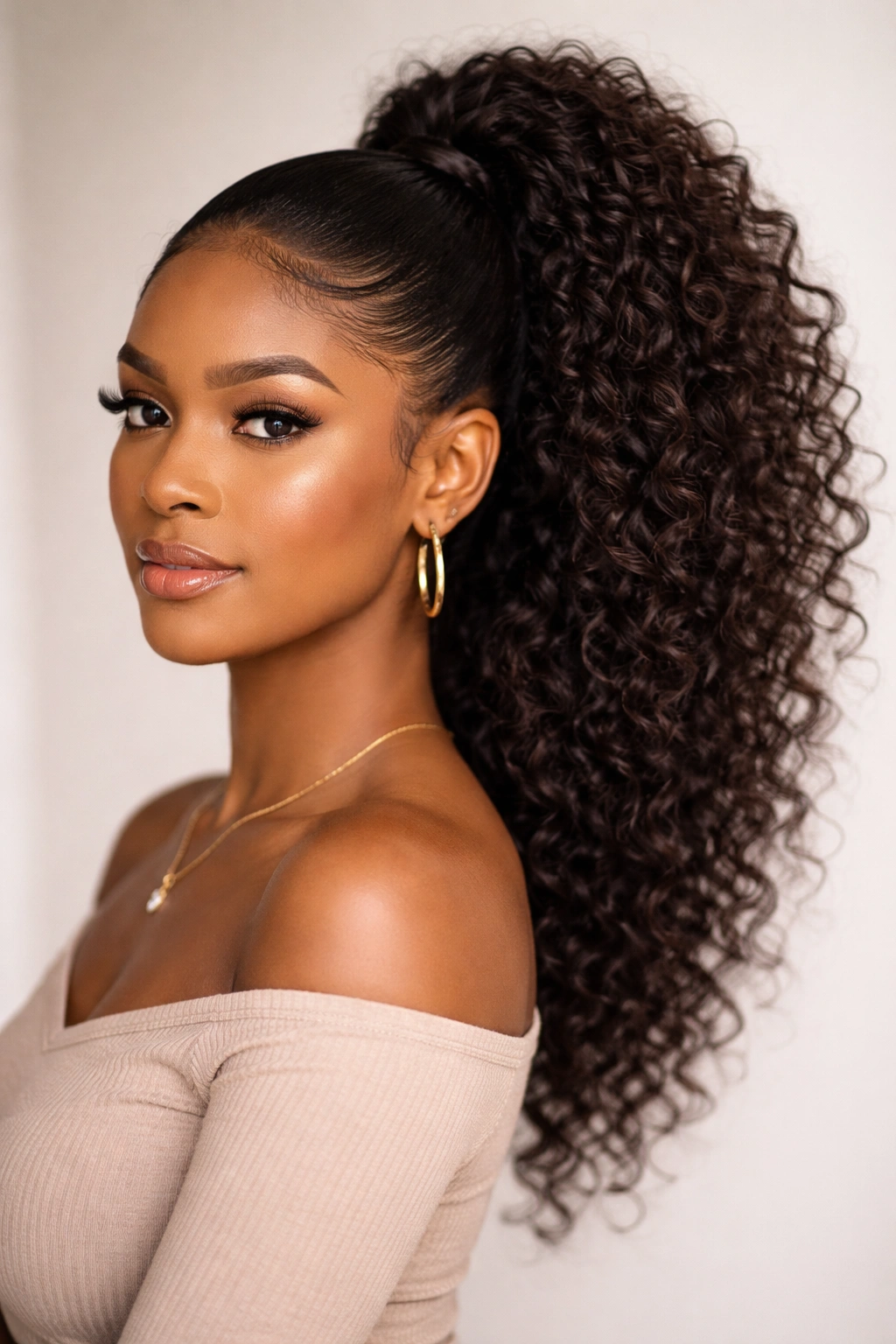Two-tier mid ponytail with top visible and bottom hidden for extra volume.