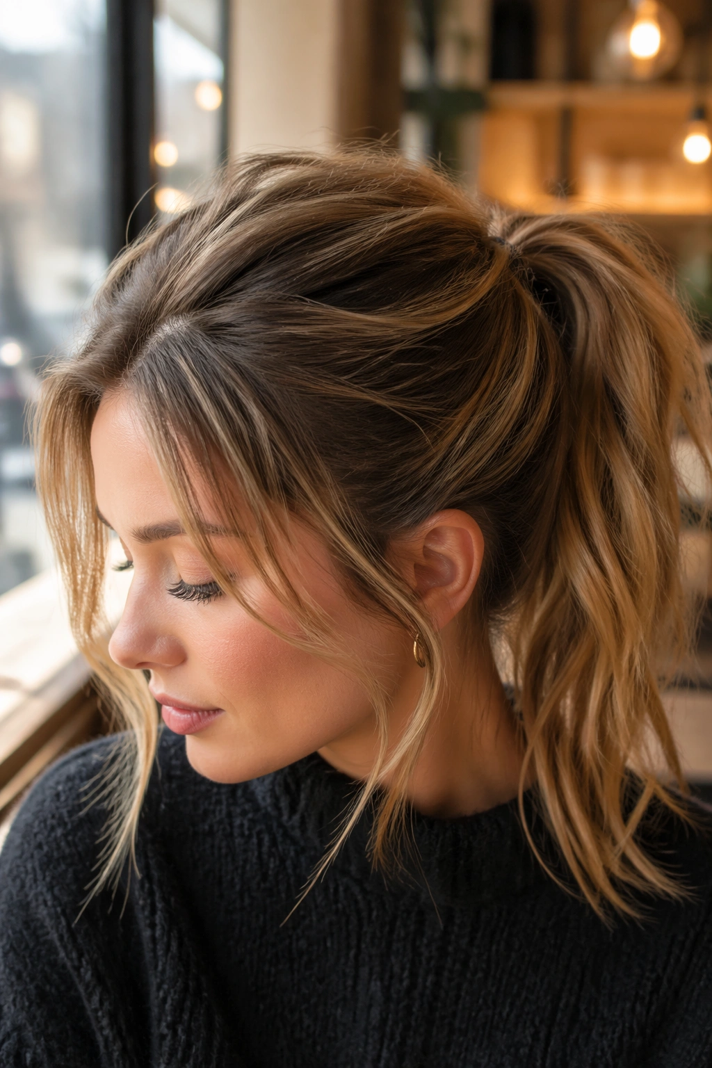 Close-up portrait of a woman with volume powder ponytail