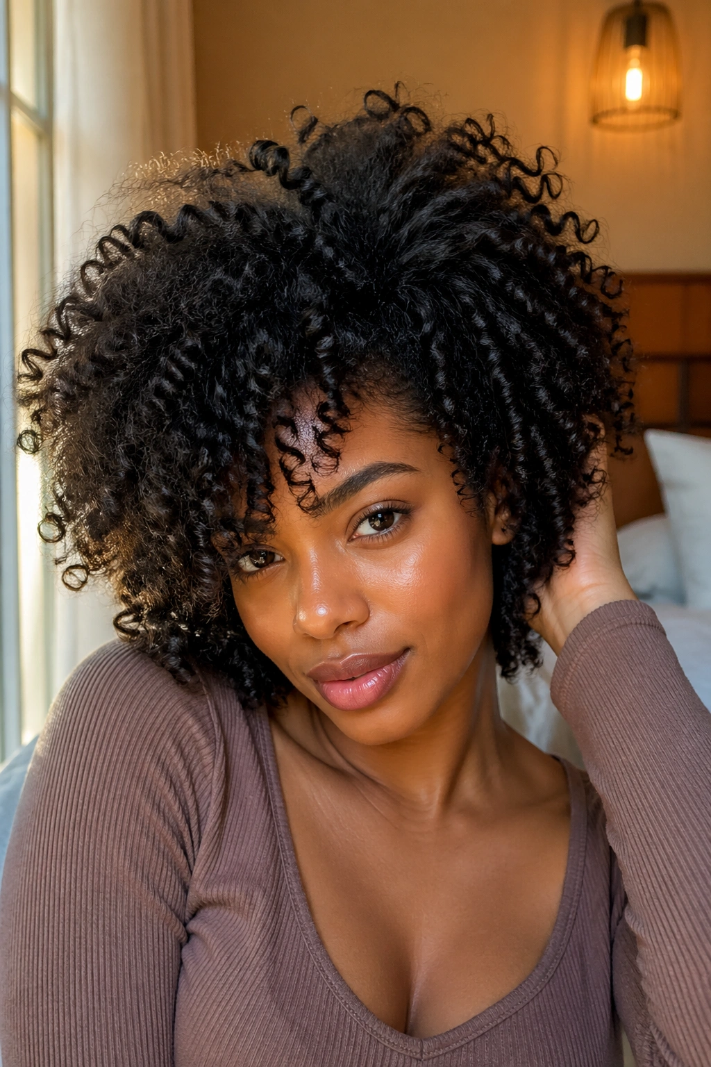 Close-up portrait of a real woman with lifted roots and voluminous crown.