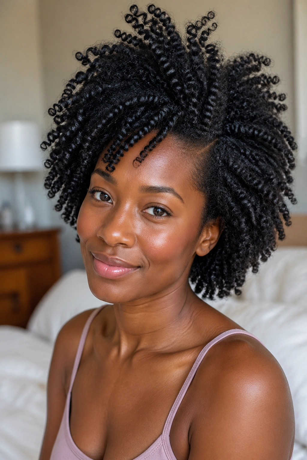 Close-up of a real woman showing voluminous roots at the crown after a refresh