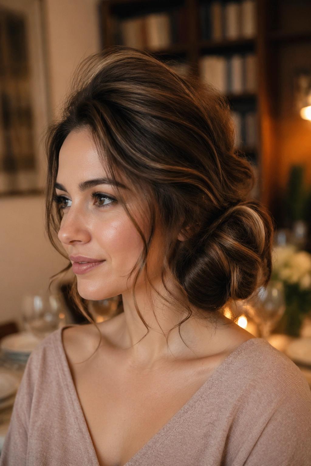 Portrait of a real woman with a voluminous side chignon and waves