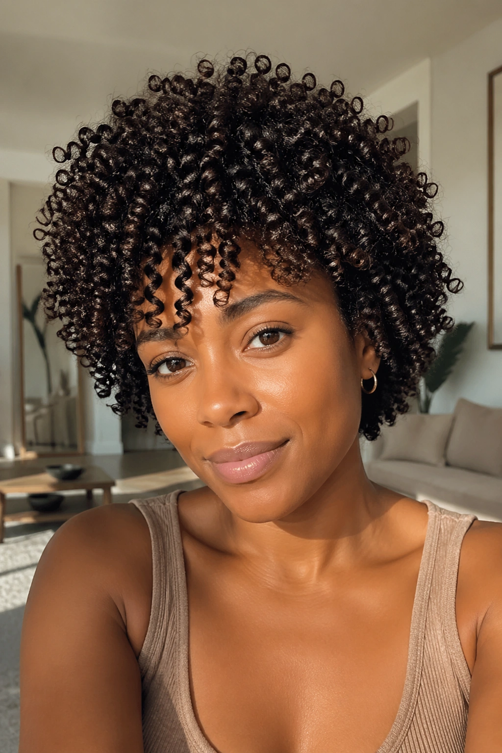 Real woman with fine natural hair showing dense tiny straw curls for volume.