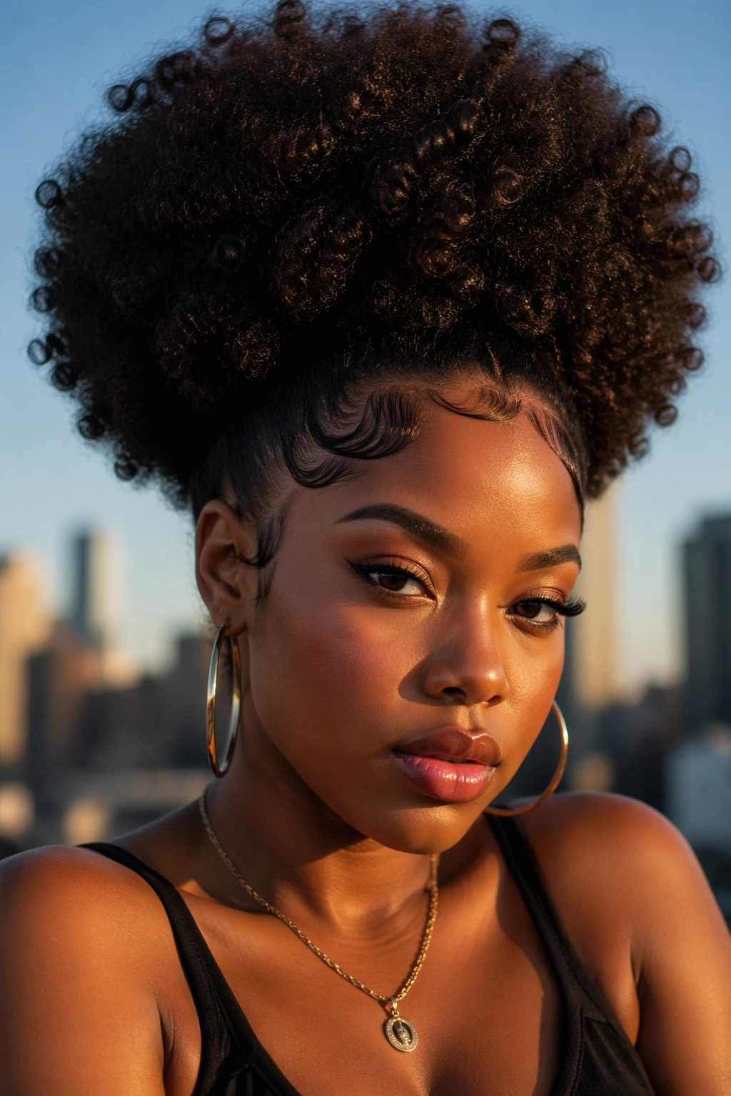 Close-up of a Black woman with a voluminous 90s afro and defined baby hairs outdoors at golden hour.