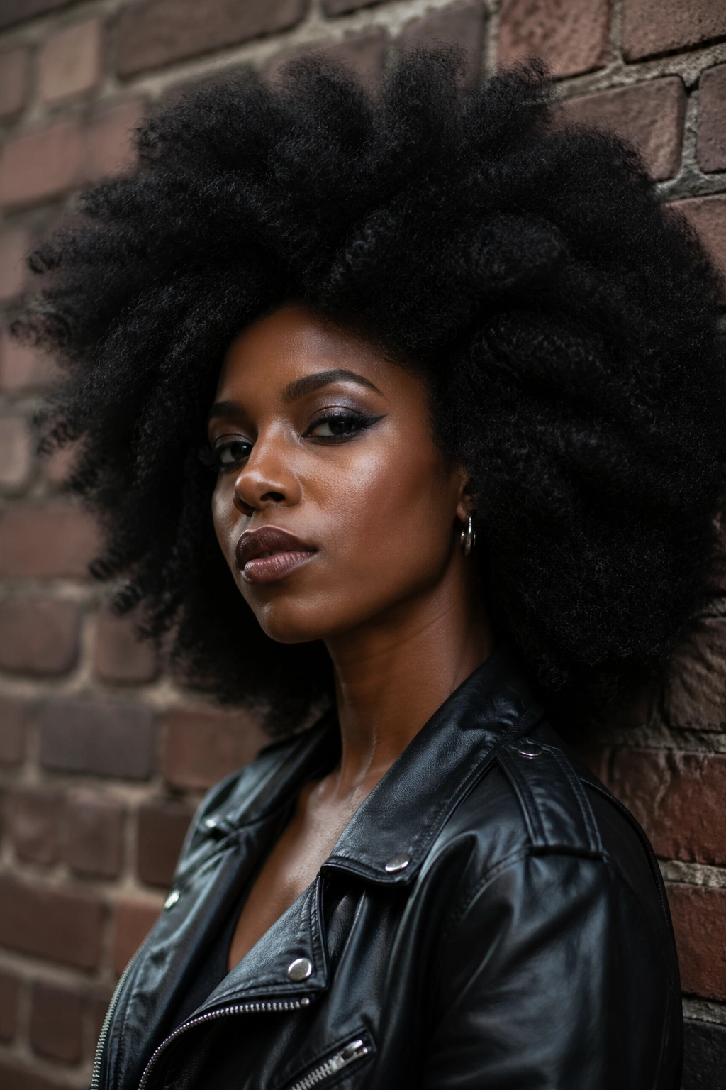 Close-up of voluminous natural afro with black leather jacket.