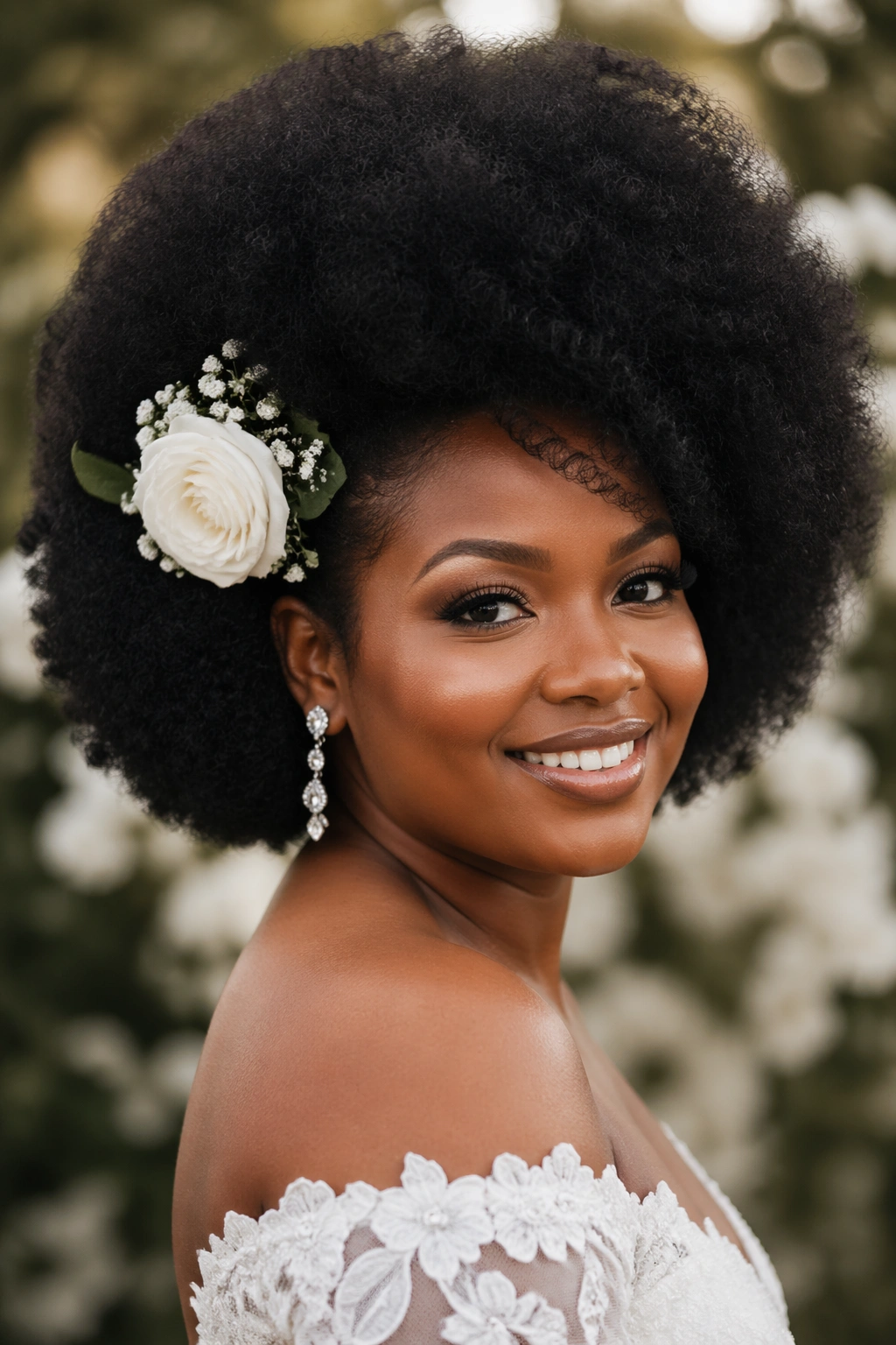 Close-up of real bride with voluminous afro and single floral accent at temple