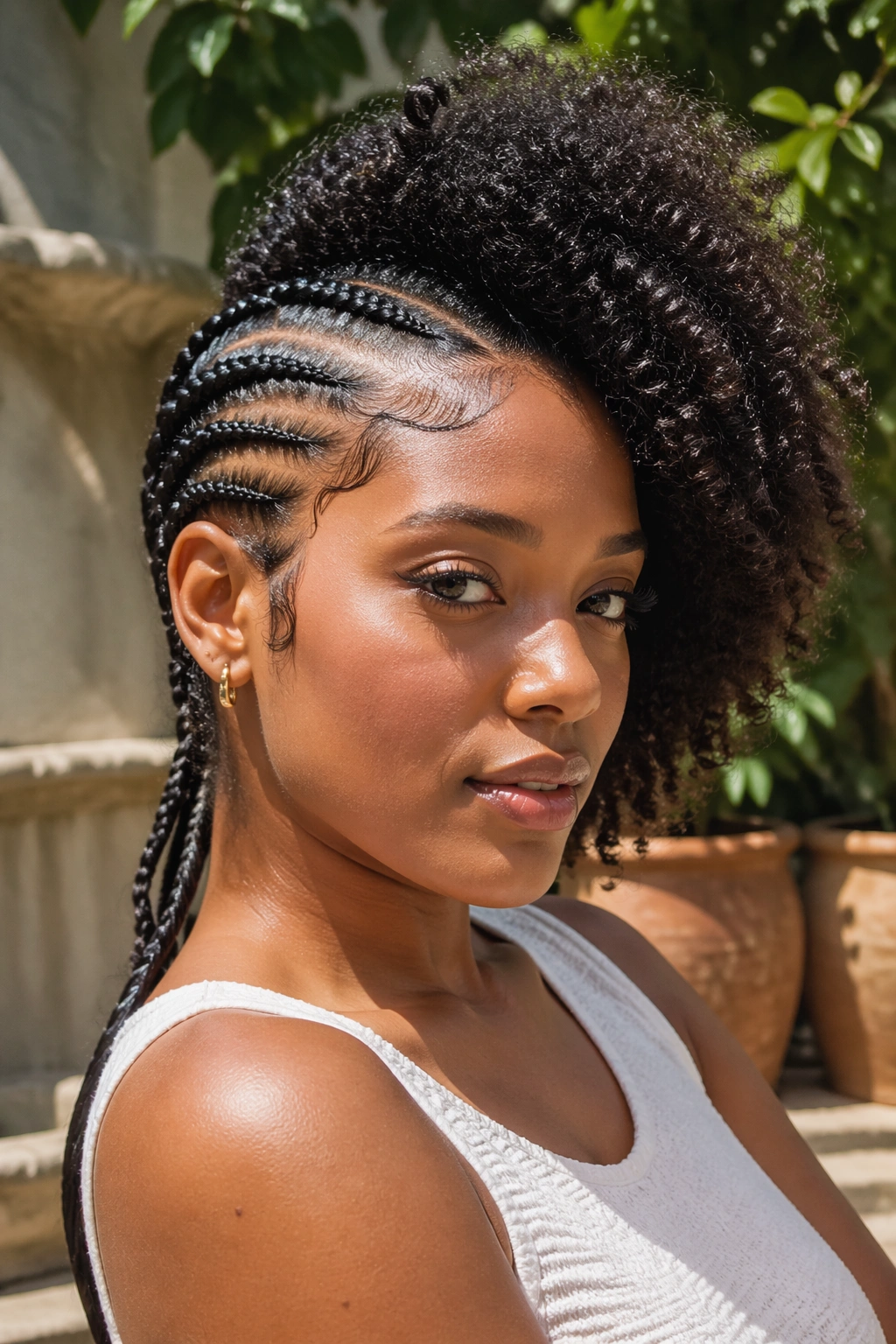Portrait of a woman with braided side and voluminous afro on the opposite side outdoors.