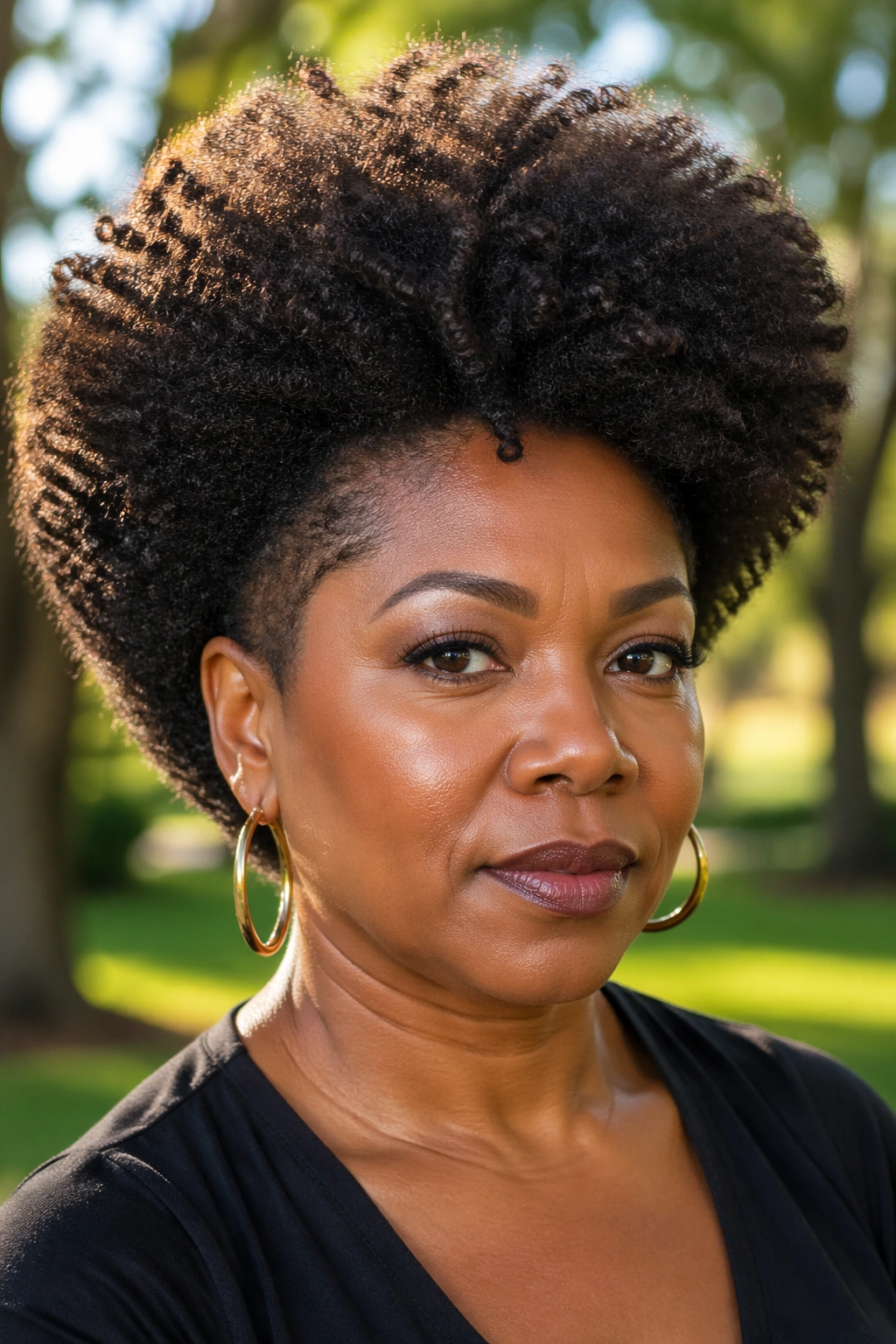 Portrait of a woman with voluminous natural Afro and tapered edges in park light