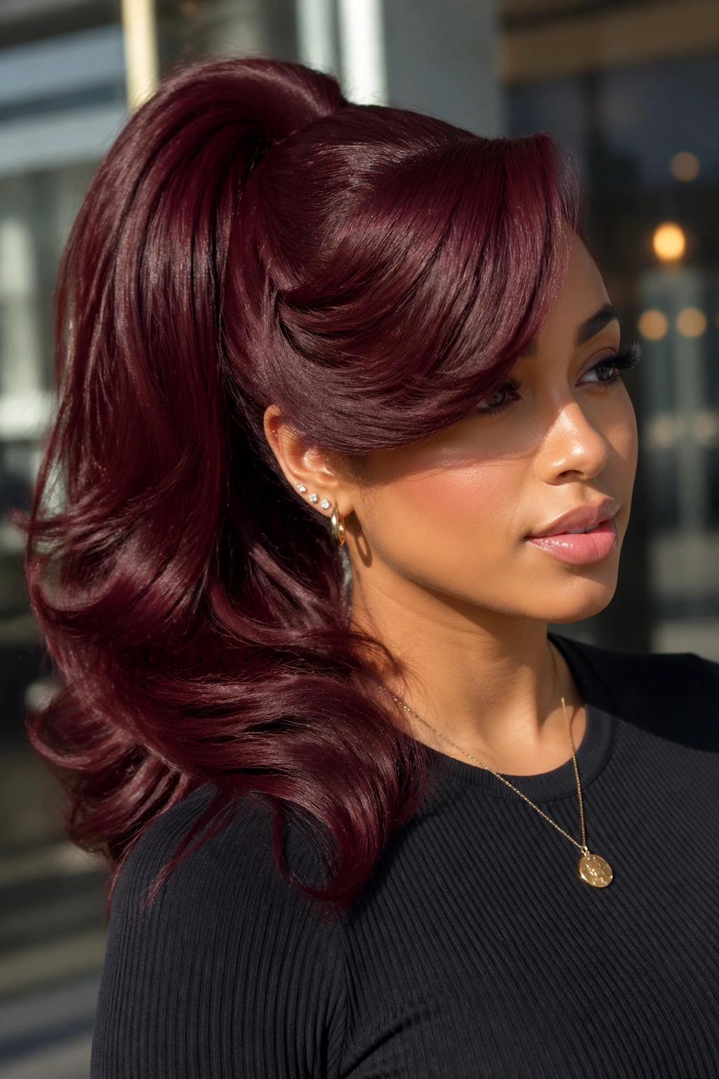 Close-up of a real woman with voluminous burgundy blowout swoop ponytail.