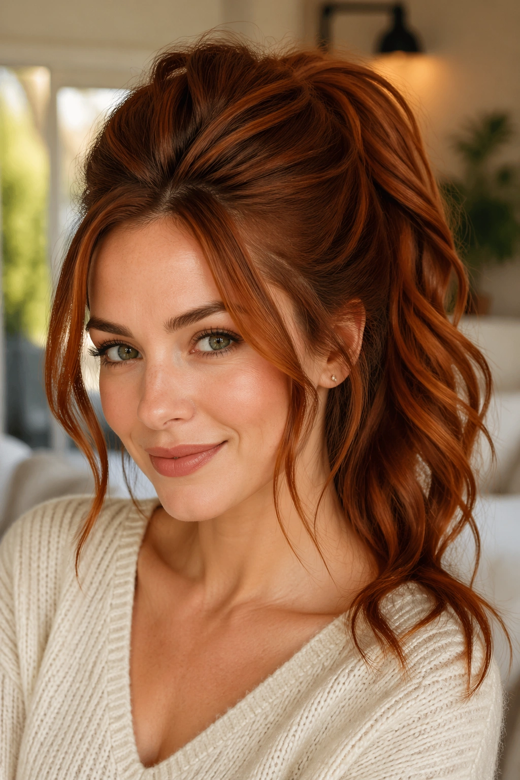 Real woman portrait with voluminous copper ponytail and crown lift