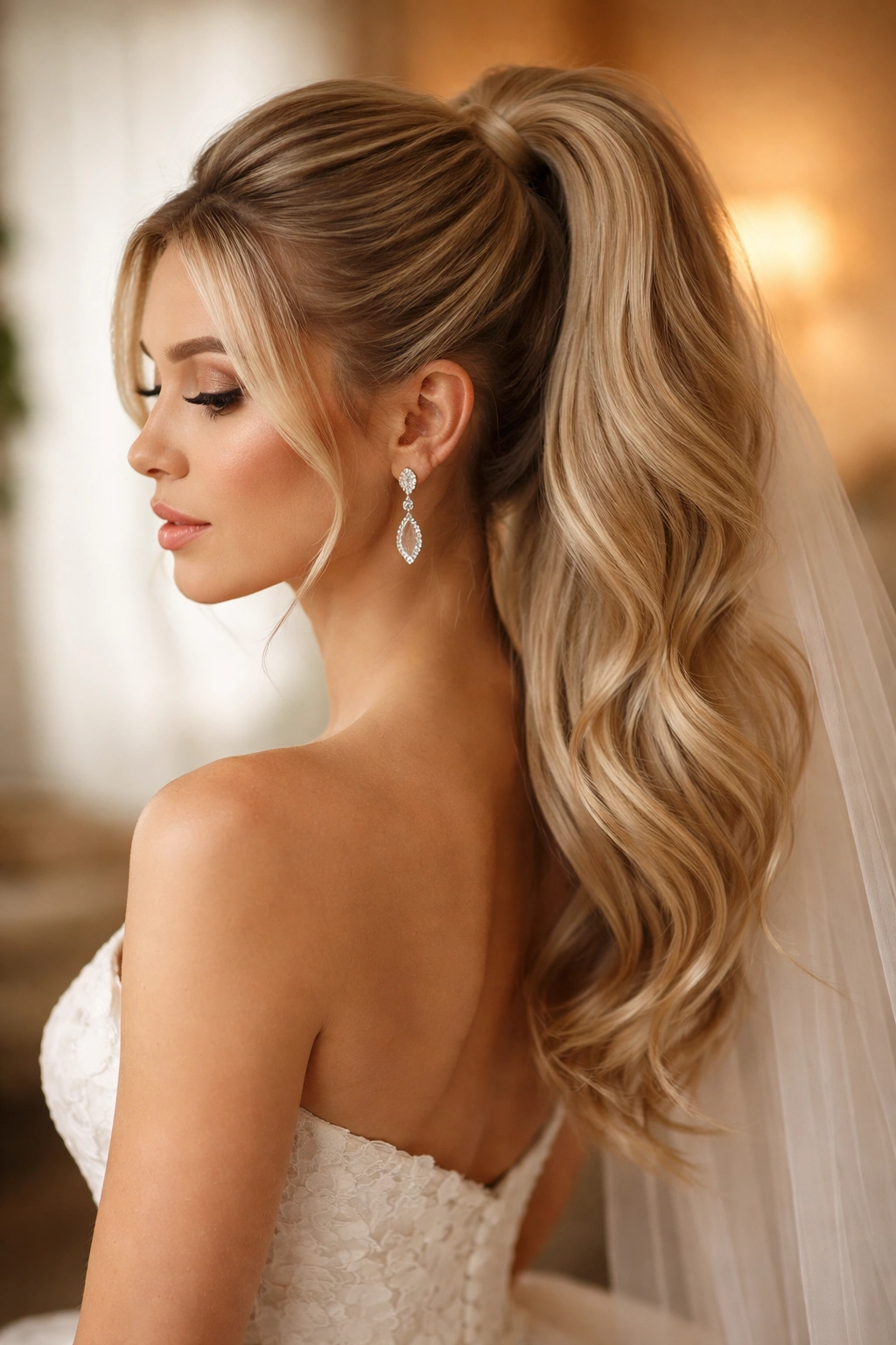 Close-up of a bride with a voluminous crown-lift ponytail