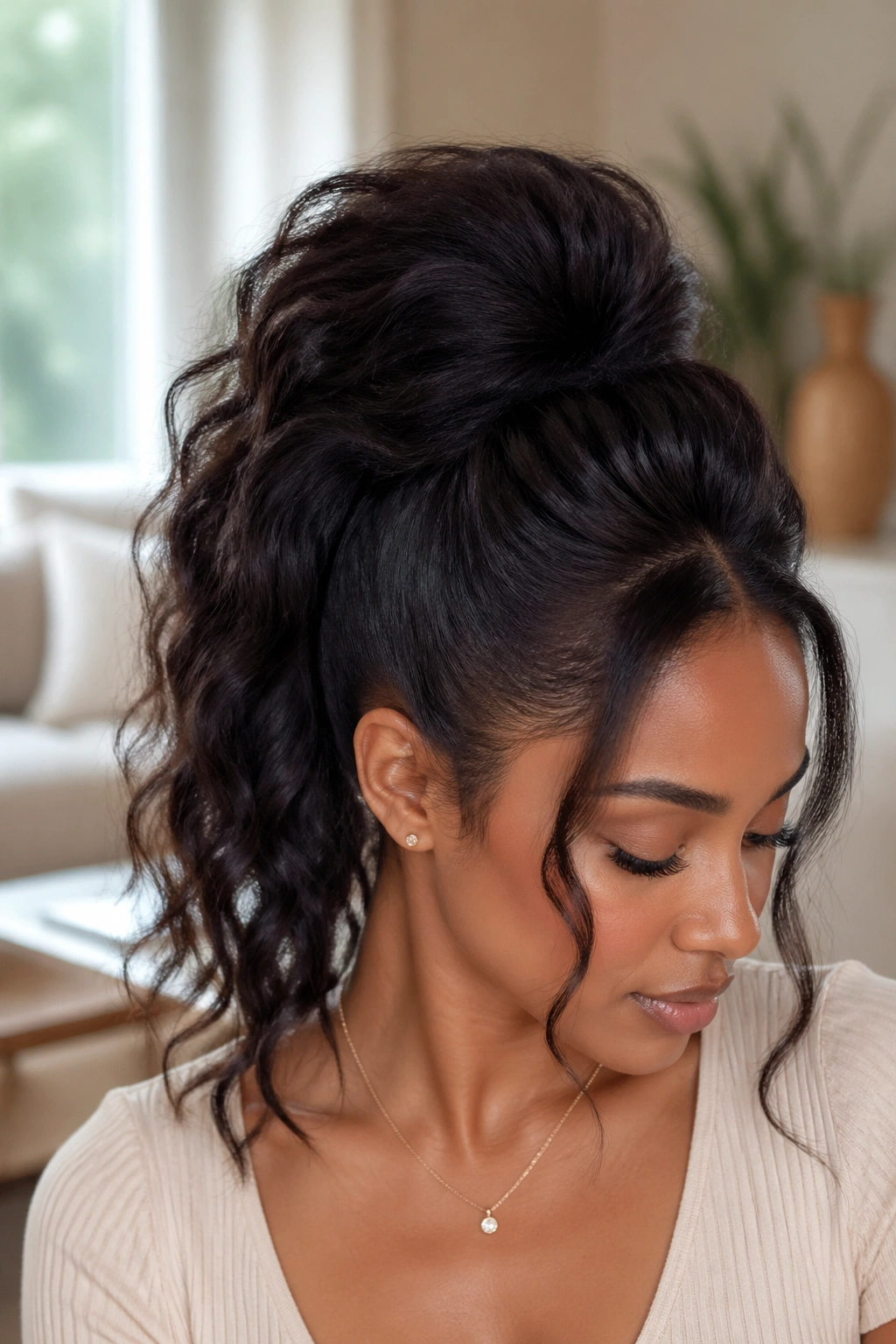 Real woman with voluminous crown ponytail in a bright living room.