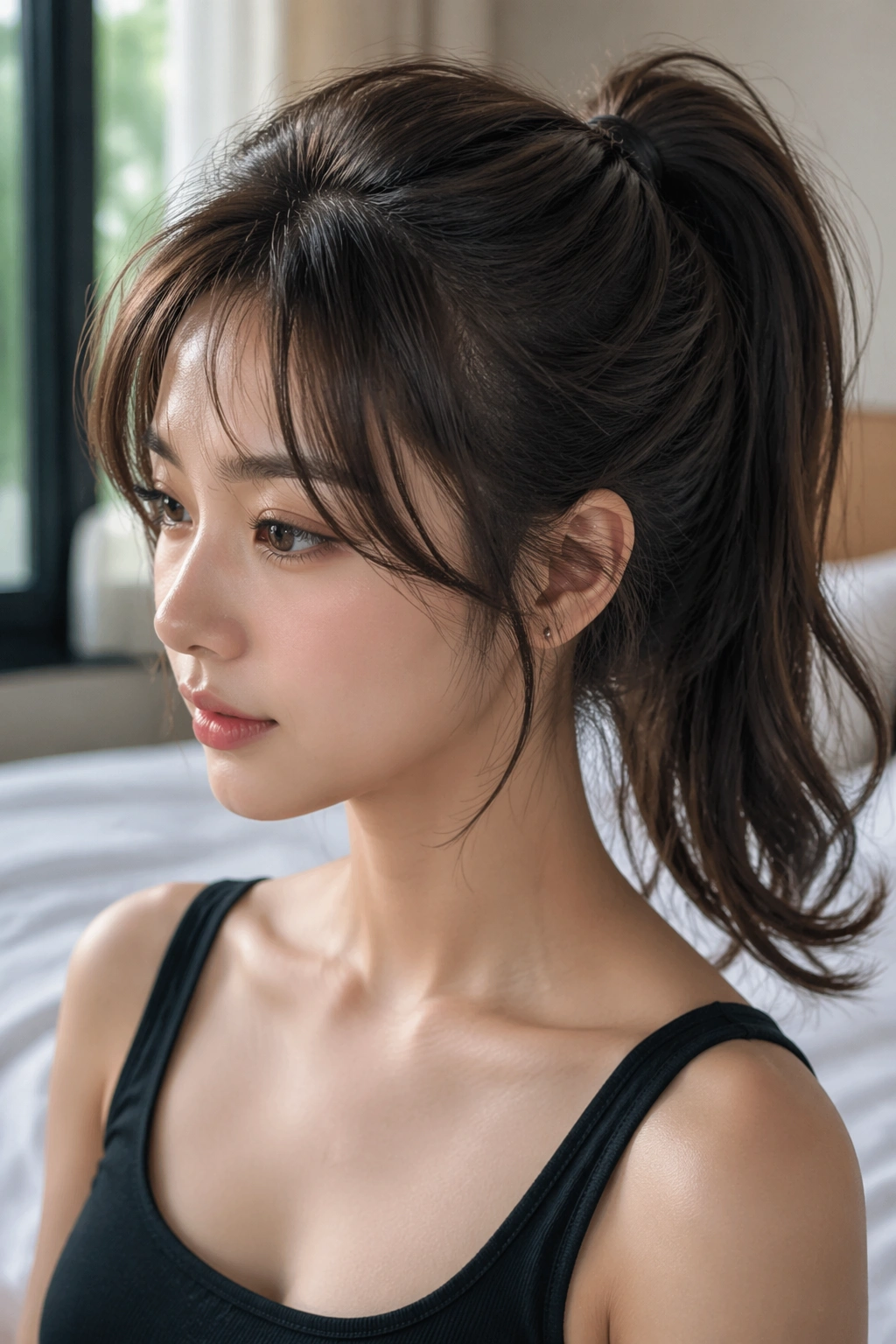 Real woman with voluminous crown ponytail and wispy bangs in a bright room