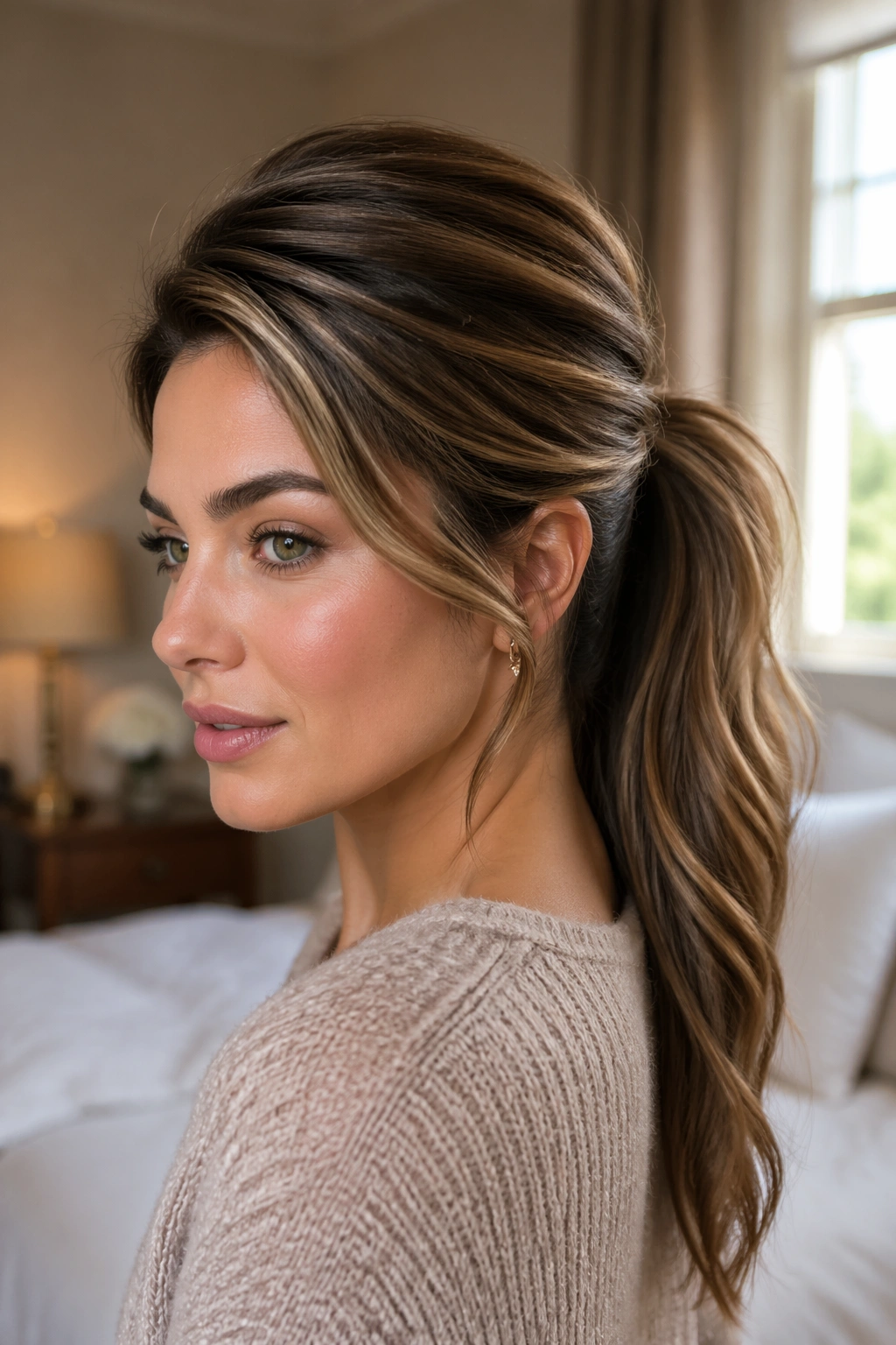 Portrait of a woman with voluminous crown swoop ponytail