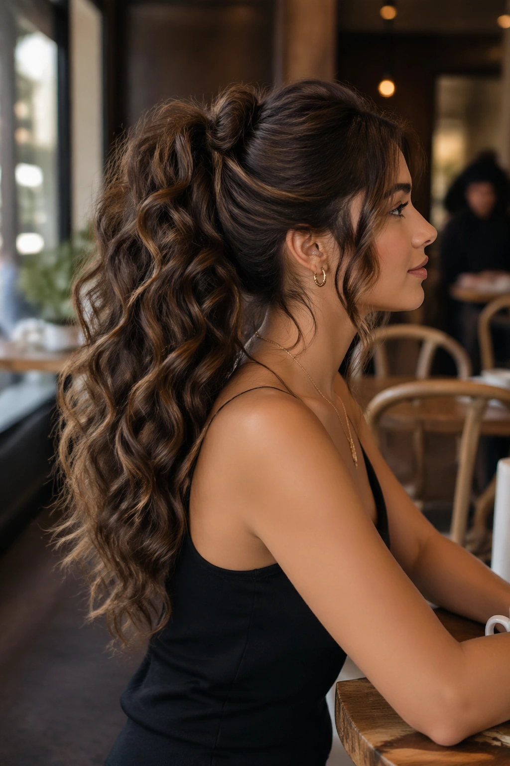 Voluminous curly ponytail side profile at cafe