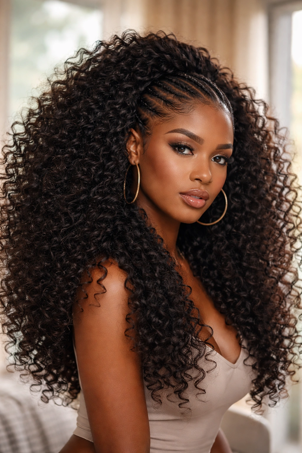 Close-up of a real woman with voluminous curly weave forming a big silhouette.
