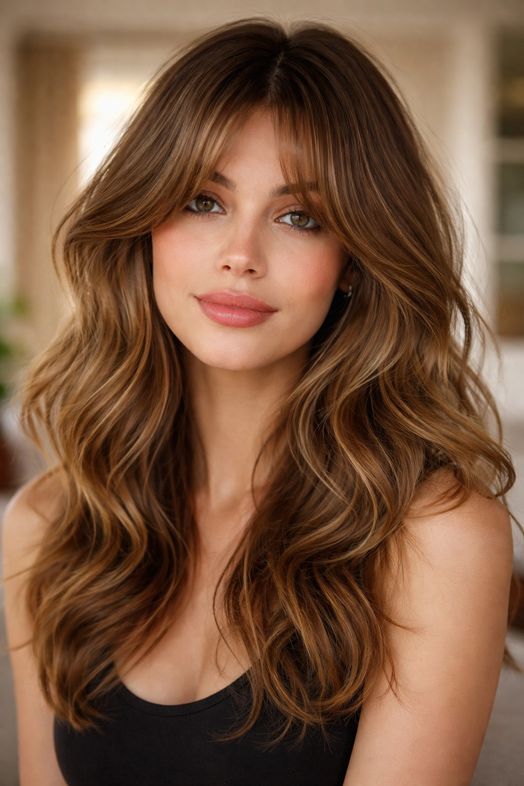 Portrait of a real woman with voluminous curtain bangs and airy waves