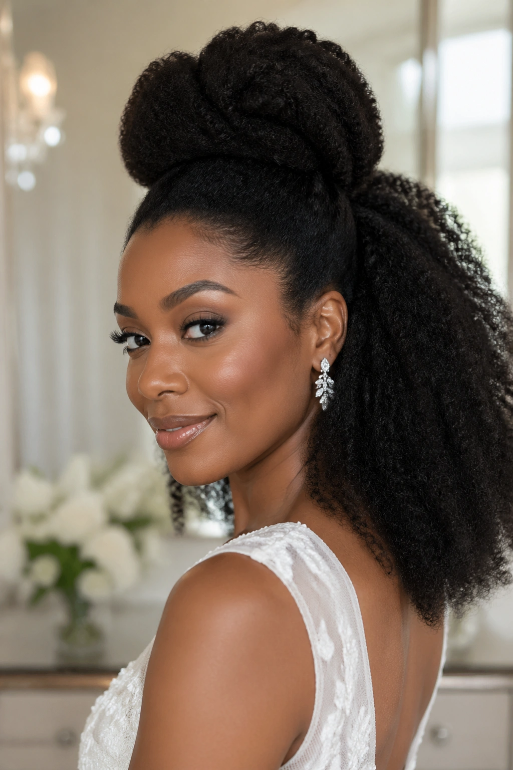 Portrait of a woman with a voluminous half-up hairstyle showing top knot and flowing afro