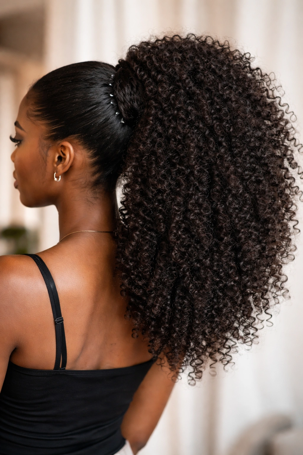 Voluminous kinky curly wrap ponytail anchored to bun