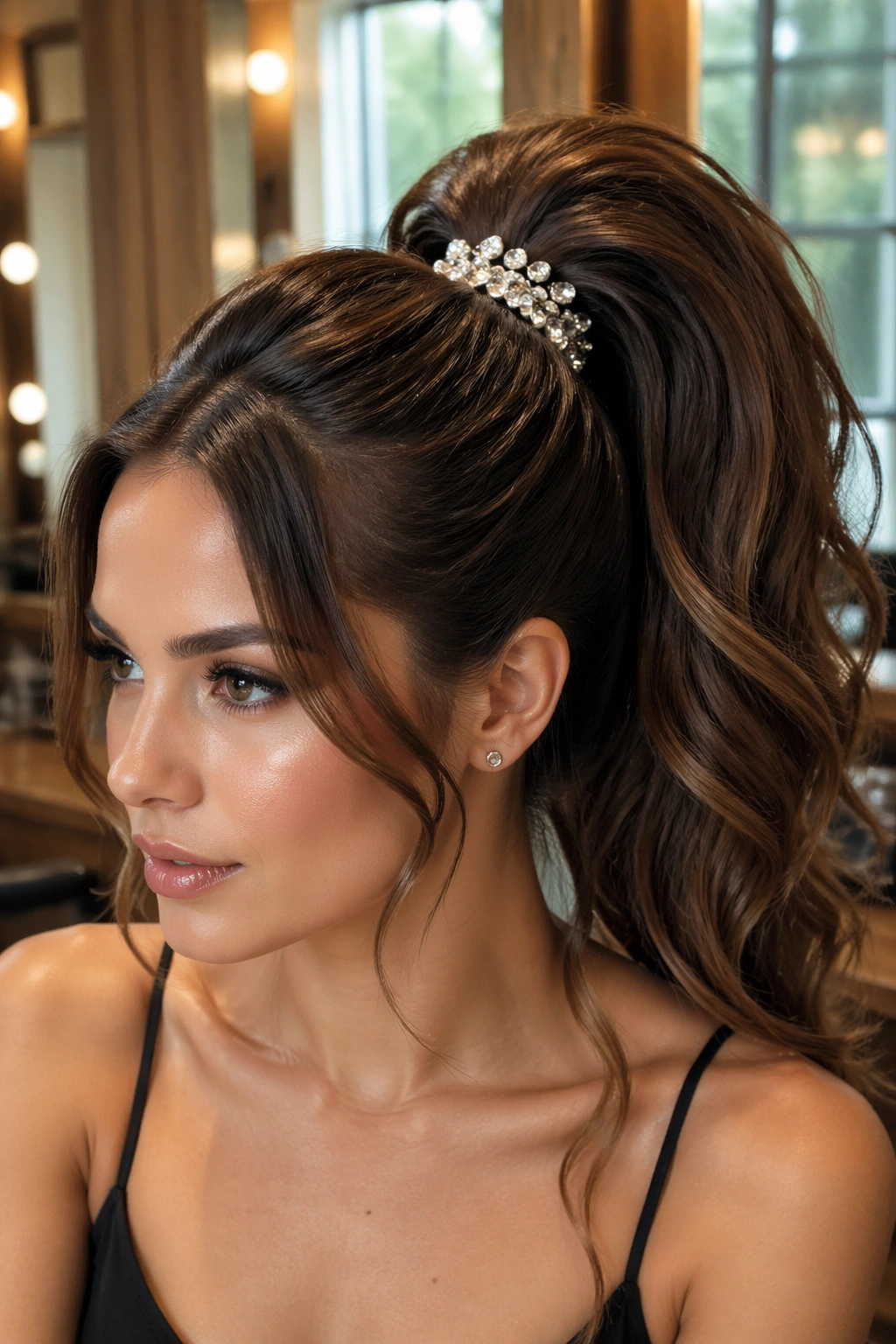 Close-up of a voluminous ponytail with crystals at the base on a real person
