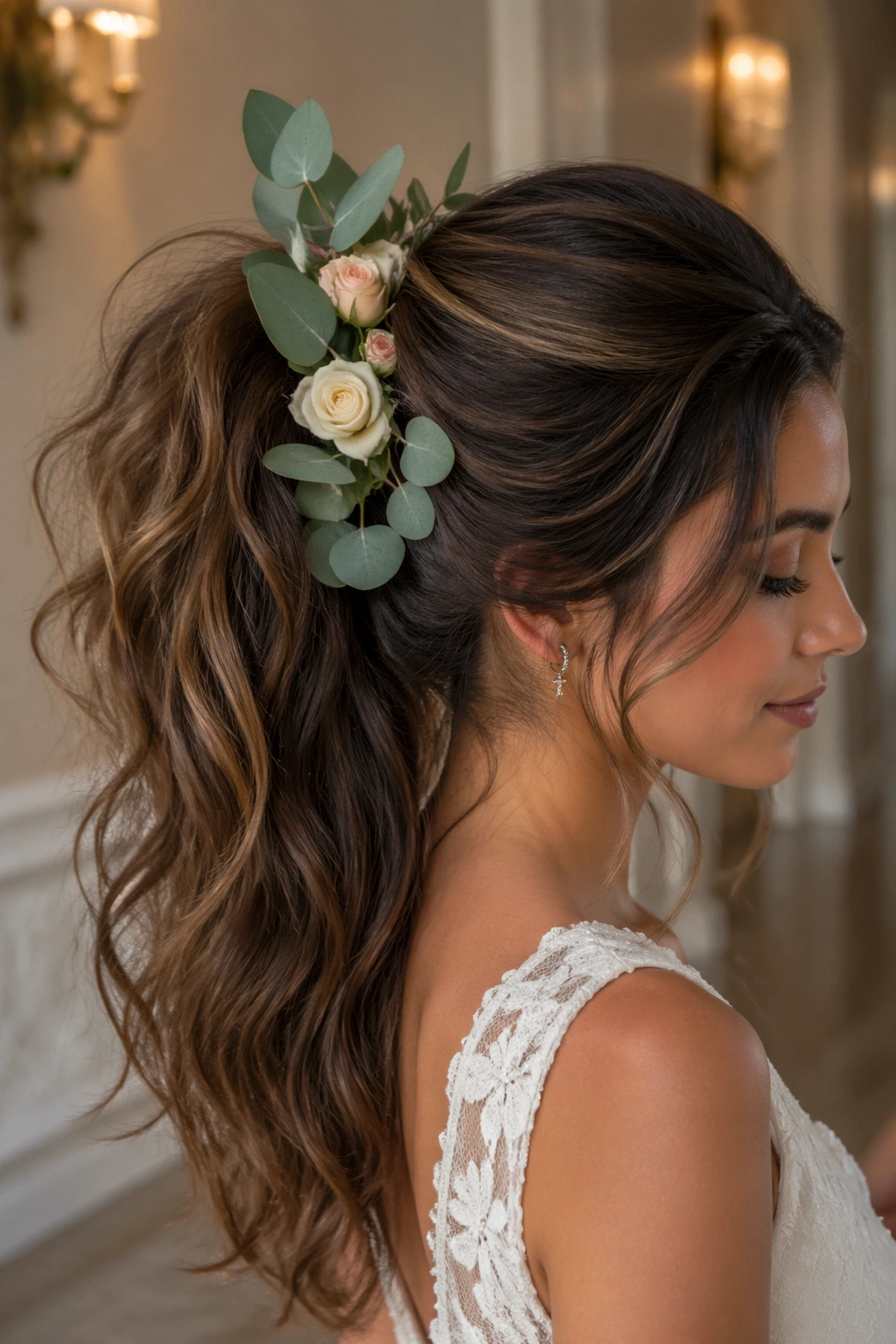 Real woman with voluminous ponytail and eucalyptus and rose accents in elegant indoor lighting.