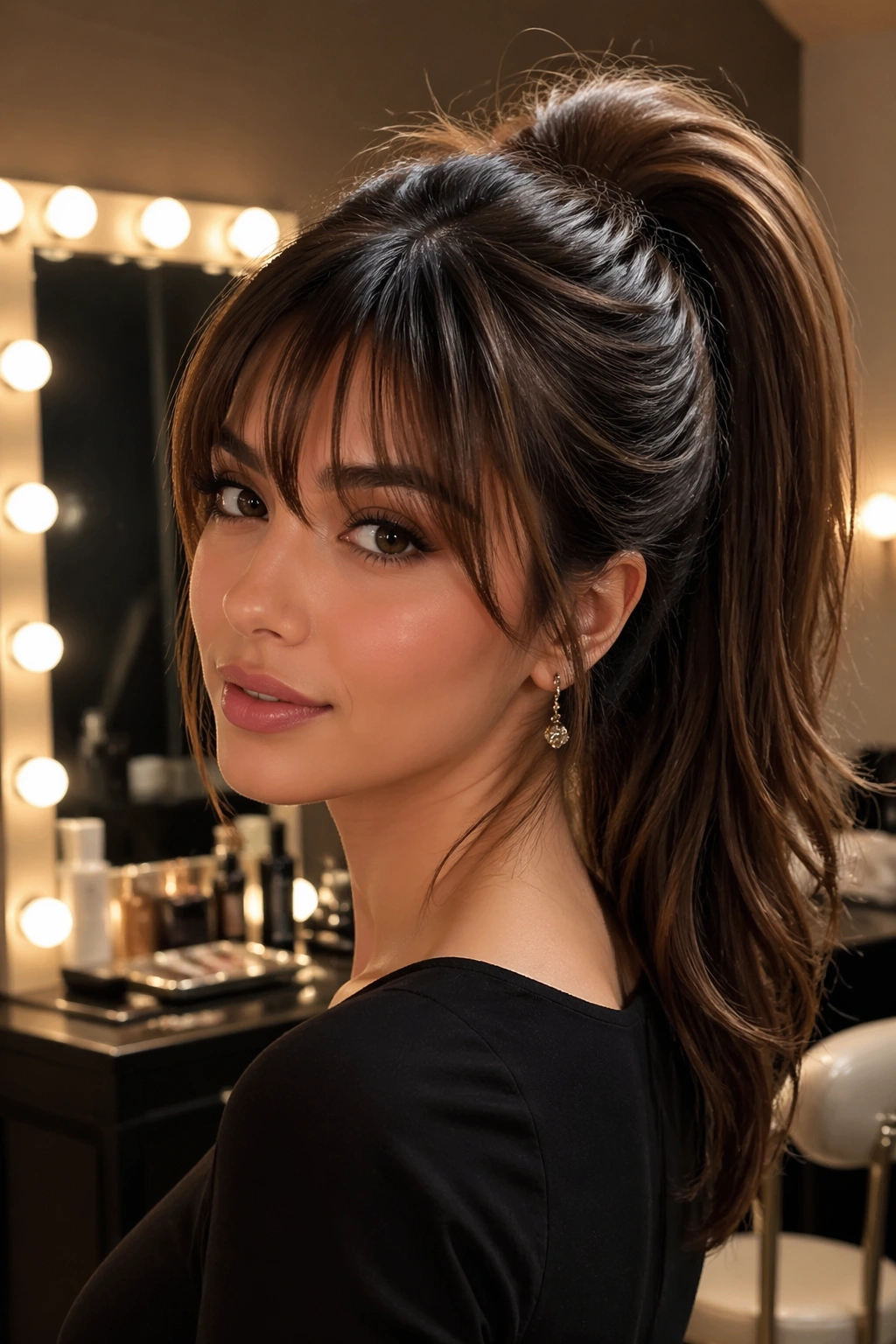 Close-up of a woman with a high voluminous ponytail and feathered bangs
