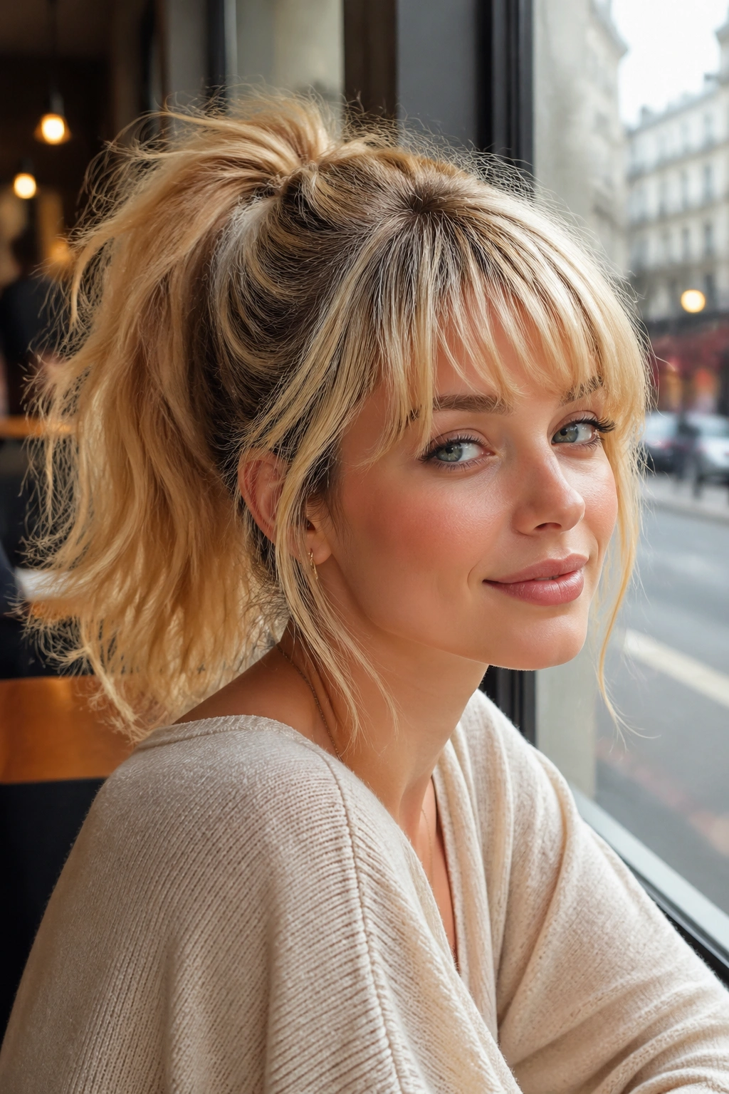 Real woman with shaggy bangs and a voluminous blonde ponytail by a cafe window.