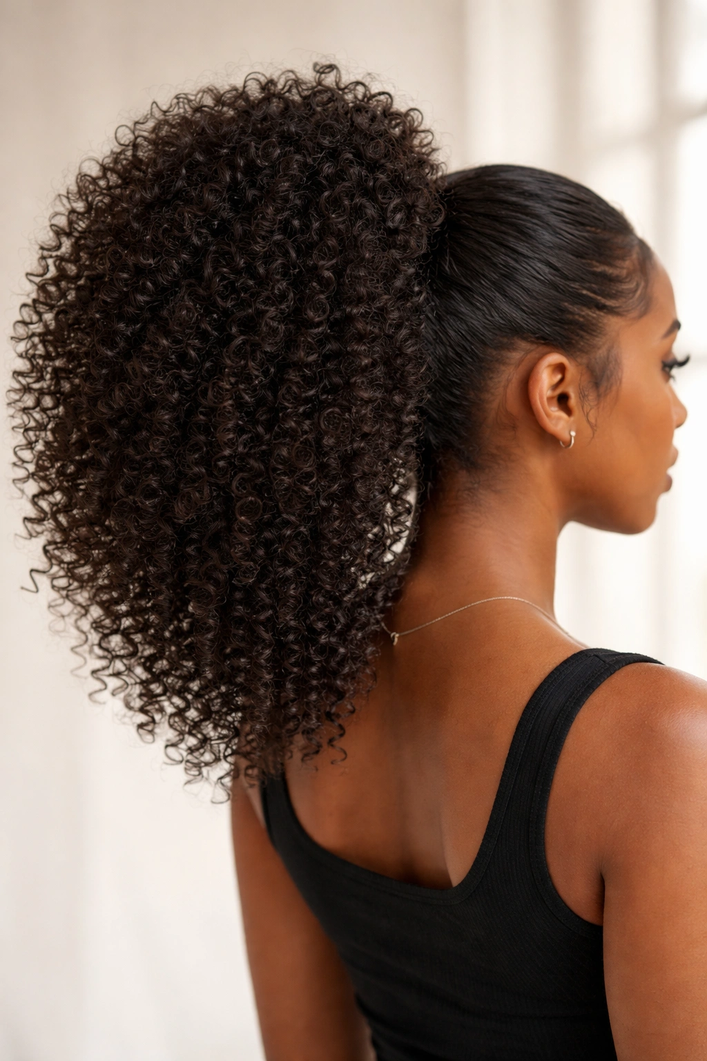 Close-up of a voluminous tight-coil ponytail with dense curls and shine on a neutral backdrop