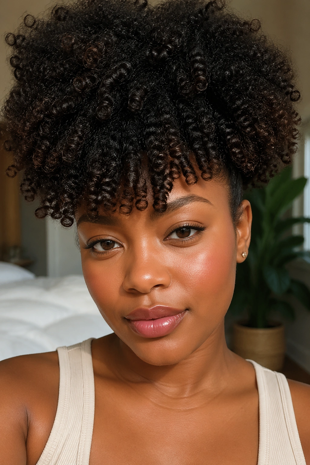 Close-up of voluminous puff bang on natural hair